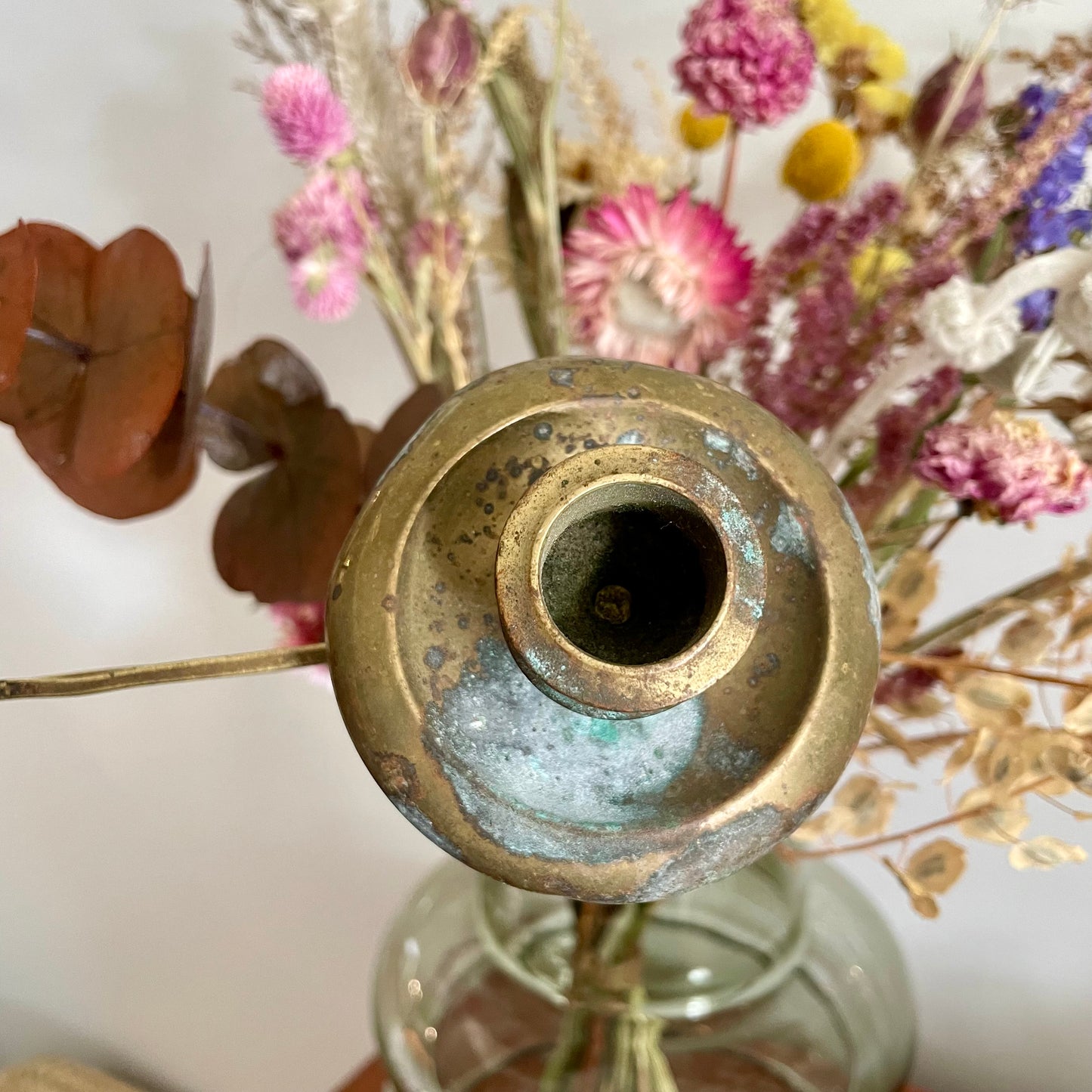 Pair of double arm antique harp sconces / Pianoforte brass candle holders