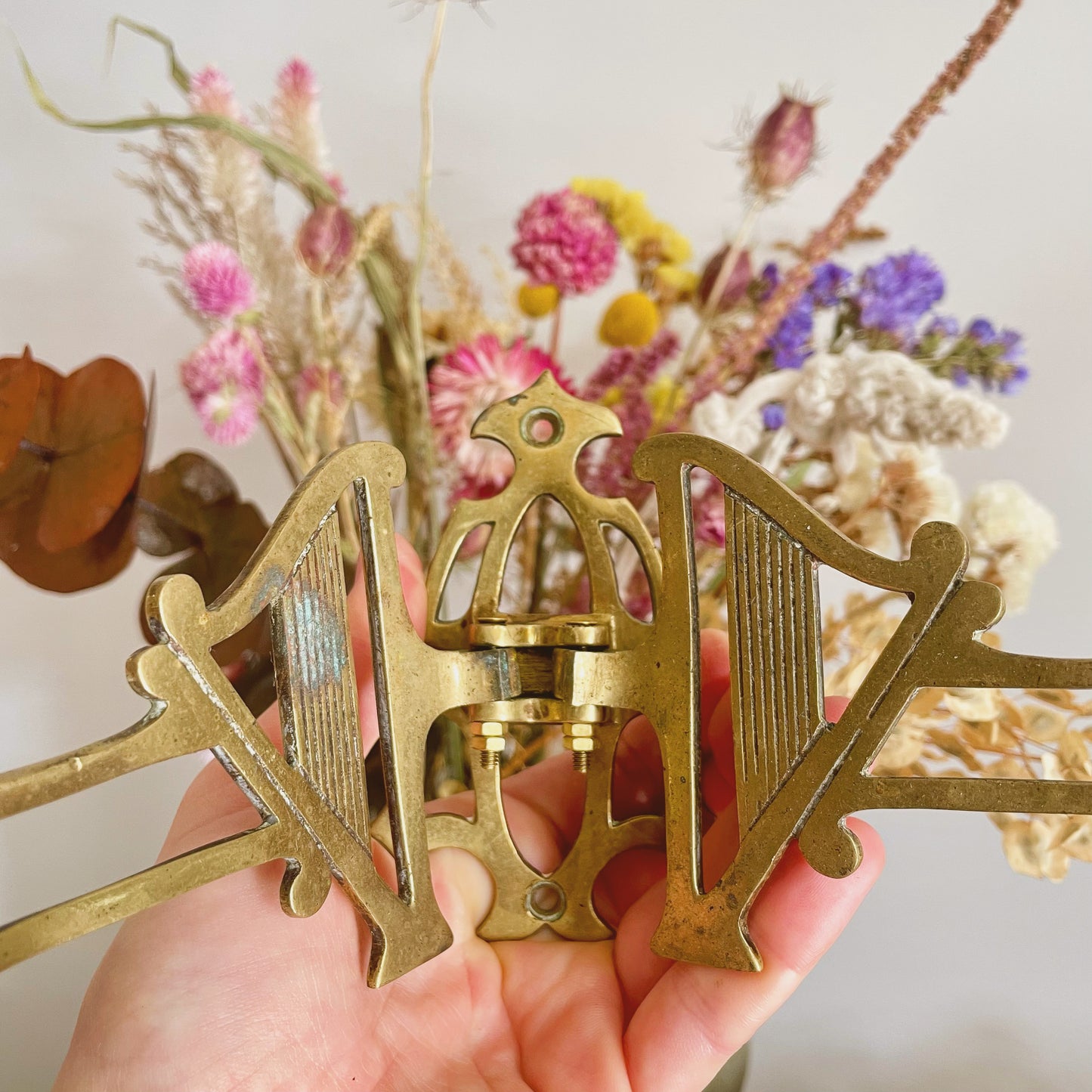Pair of double arm antique harp sconces / Pianoforte brass candle holders