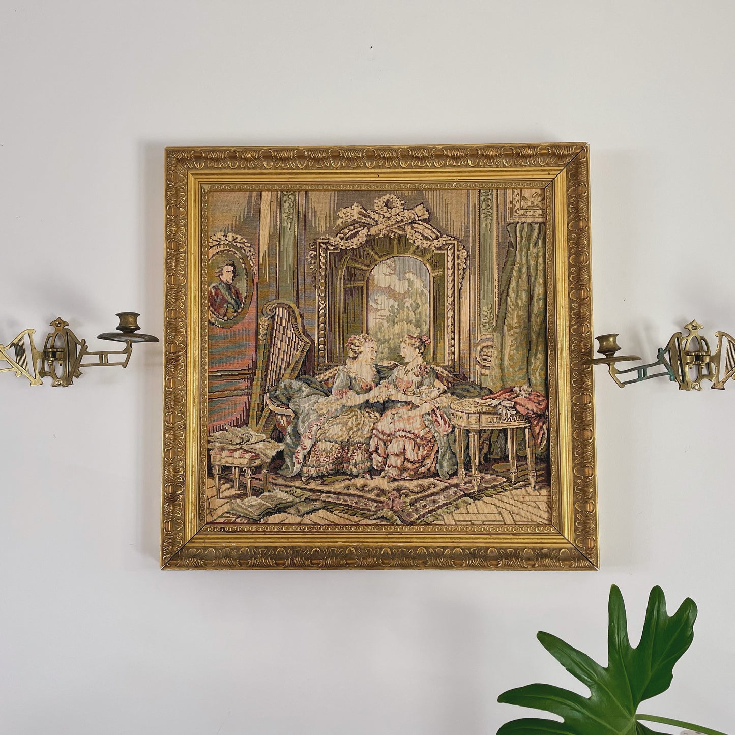 Pair of double arm antique harp sconces / Pianoforte brass candle holders