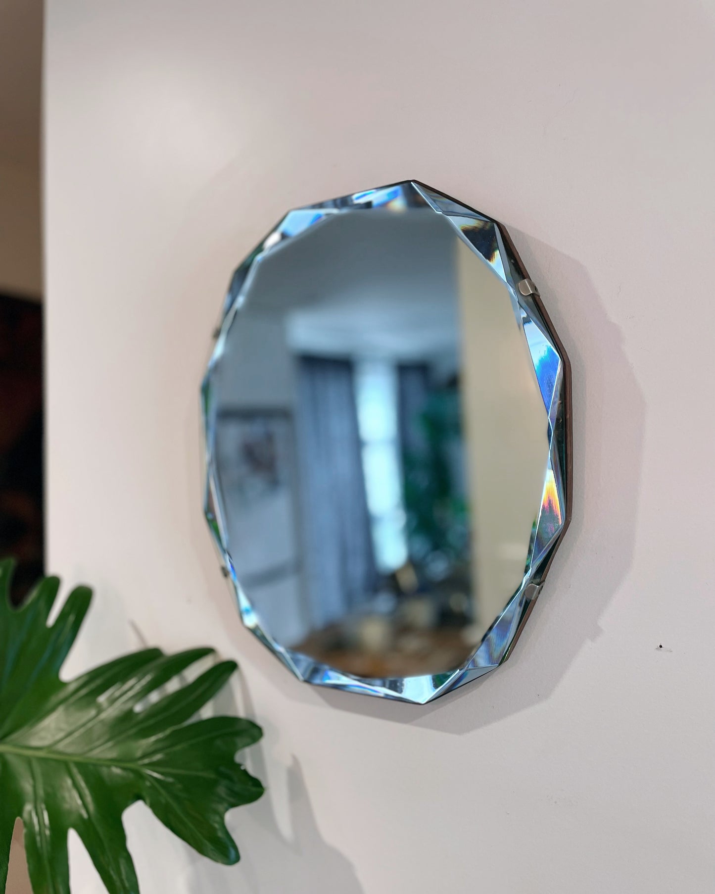 Petite frameless, Art Deco mirror - 12 sided antique mirror with beveled edges