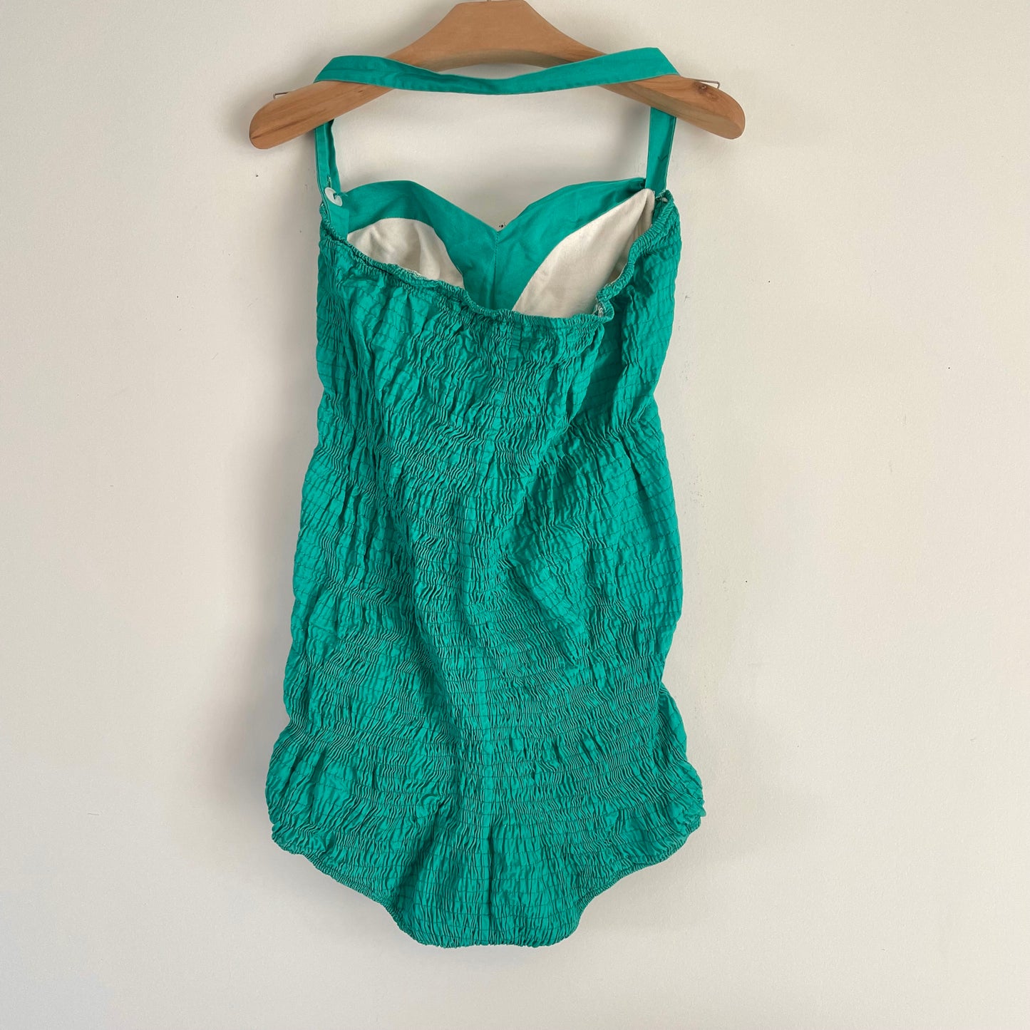 1950s pinup bathing suit - white and turquoise green Cole of California strapless one piece swimsuit