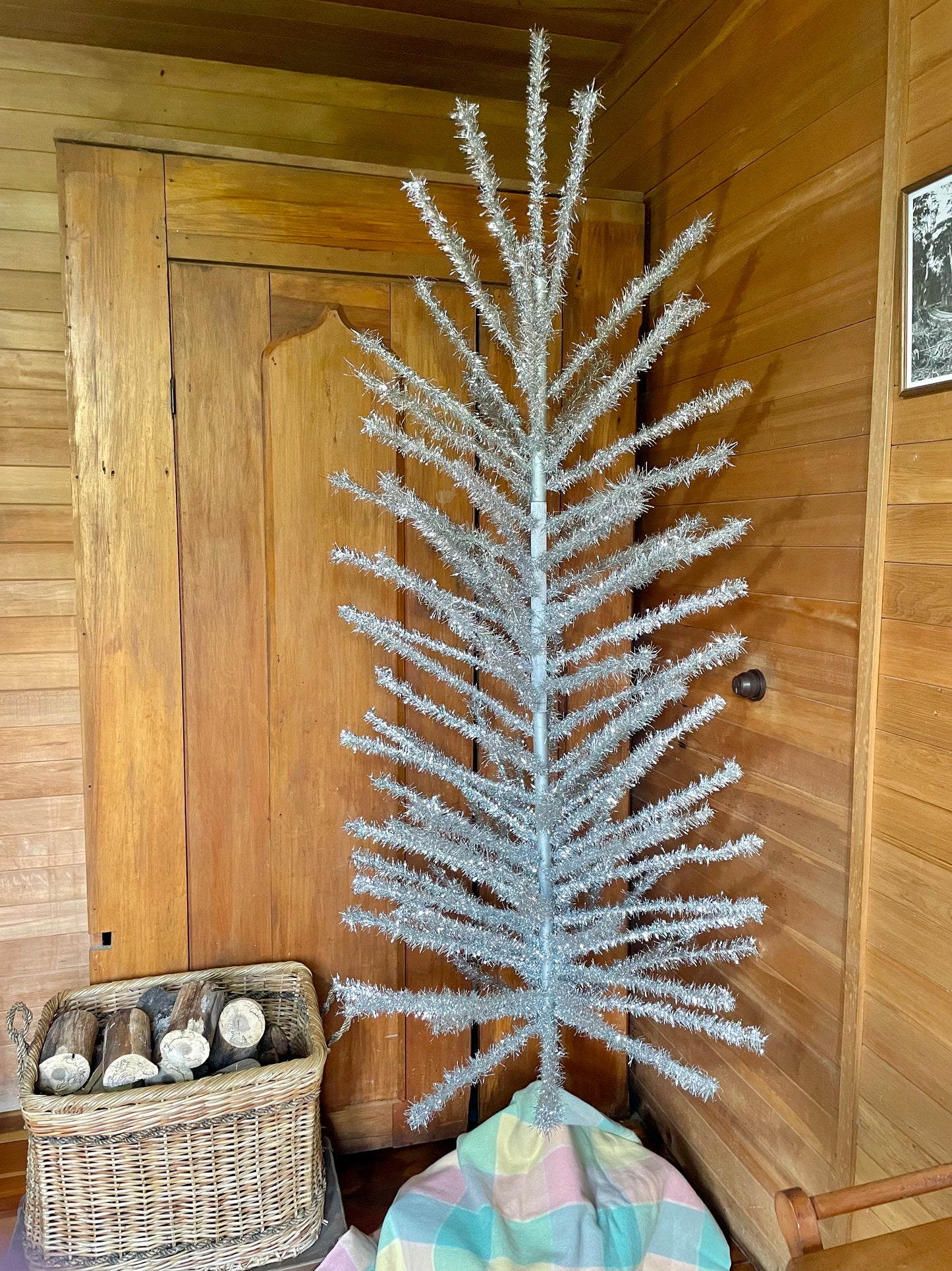 7 foot Vintage silver Christmas tree - midcentury modern stainless tinsel xmas tree