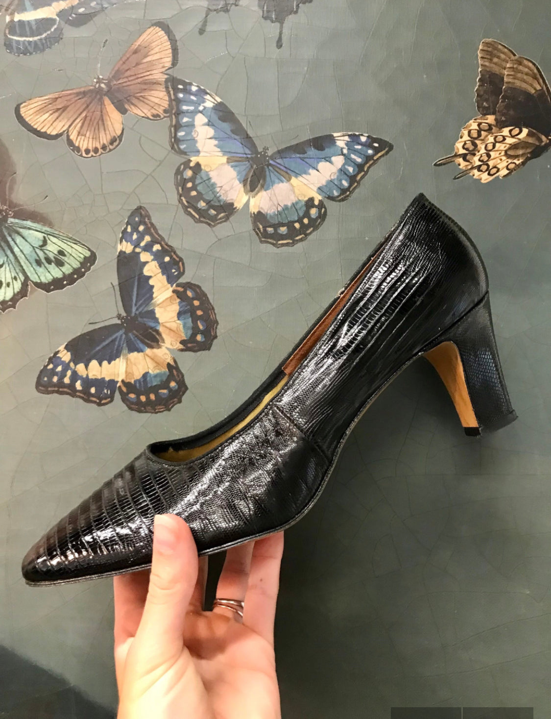 Size 7.5 / 8 - vintage black leather square toe heels with snakeskin embossing