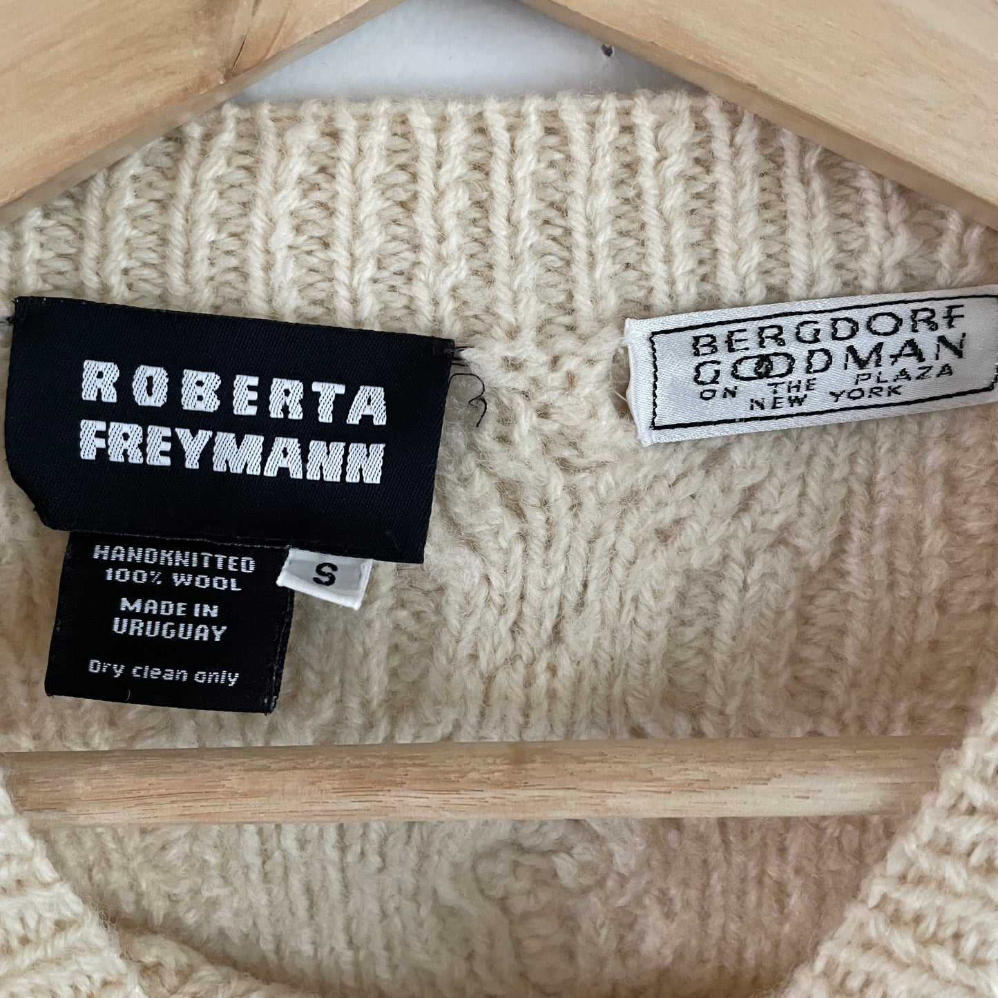 Vintage Roberta Freymann for Bergdorf Goodman handknit wool sweater - cable knit fisherman jumper with pompom details