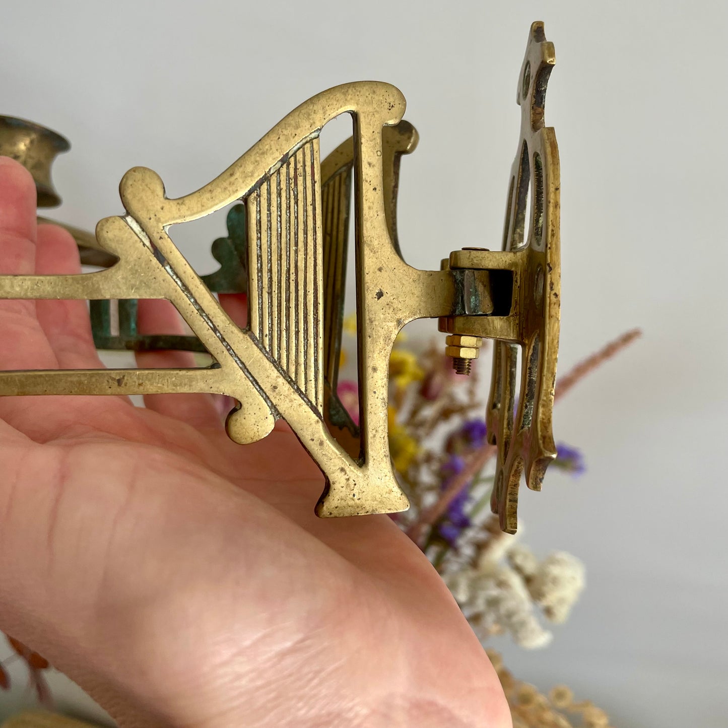 Pair of double arm antique harp sconces / Pianoforte brass candle holders
