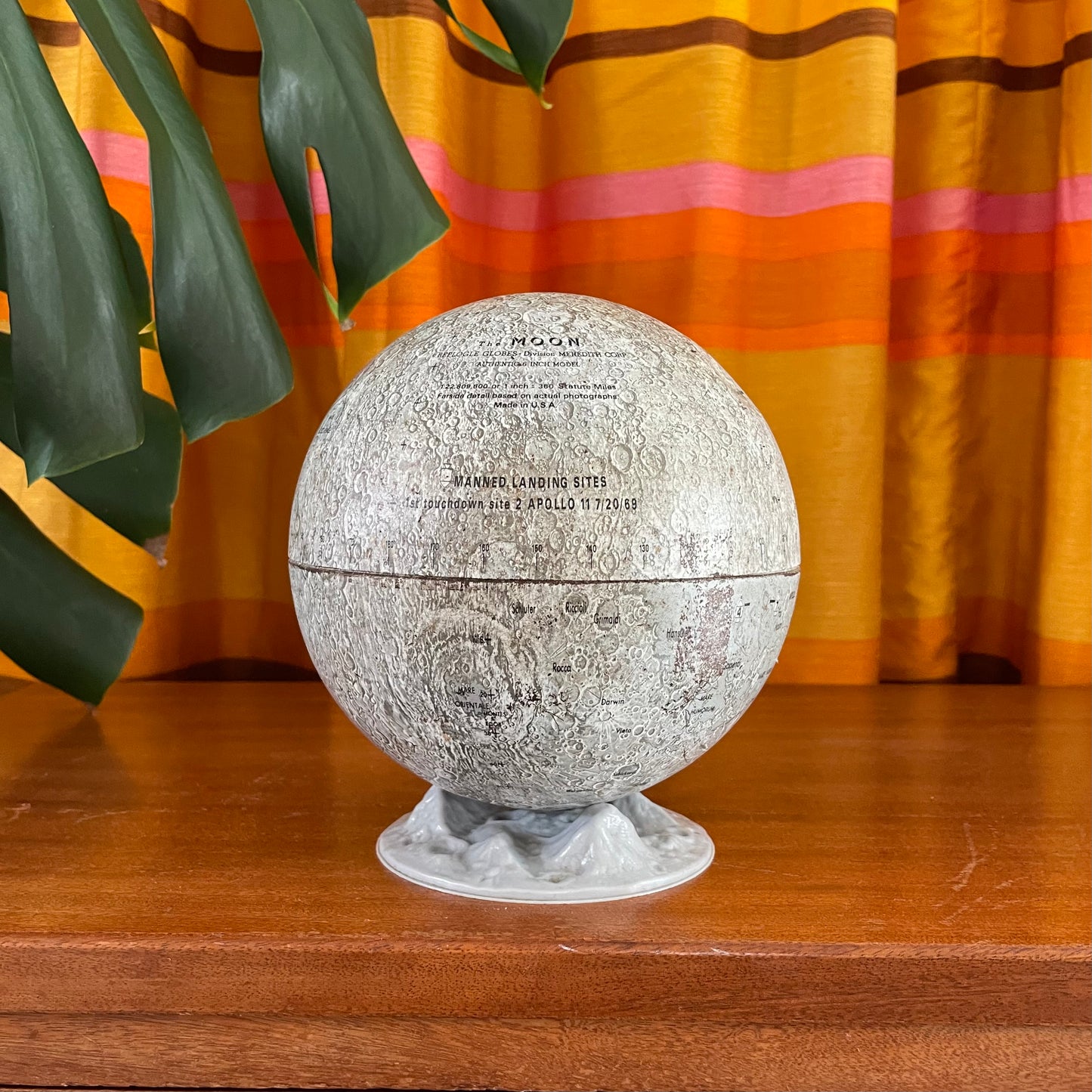 Vintage 1969 metal lunar globe with original base stand - 6 inch midcentury modern globe moon
