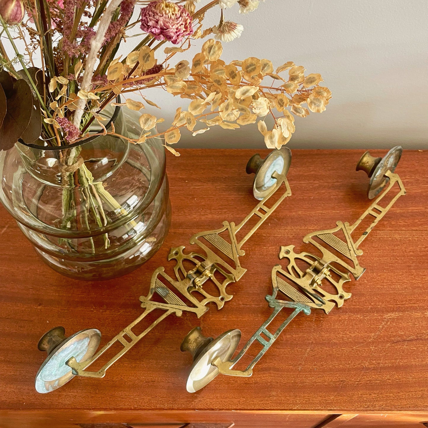 Pair of double arm antique harp sconces / Pianoforte brass candle holders