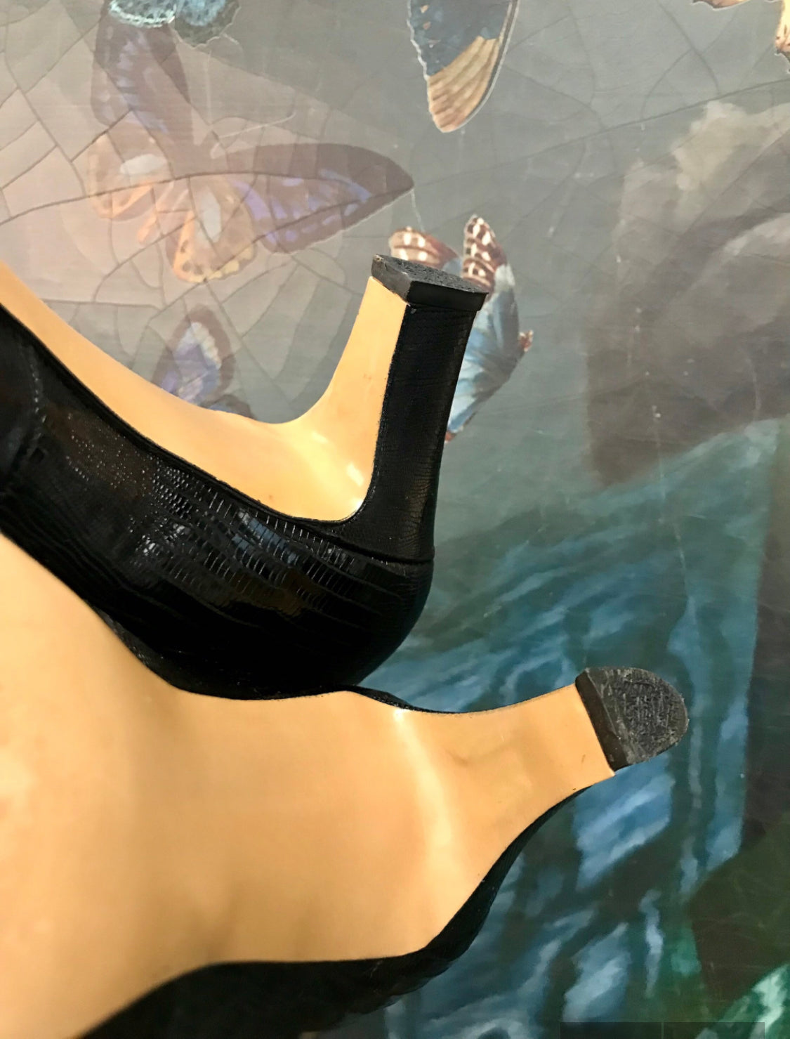 Size 7.5 / 8 - vintage black leather square toe heels with snakeskin embossing