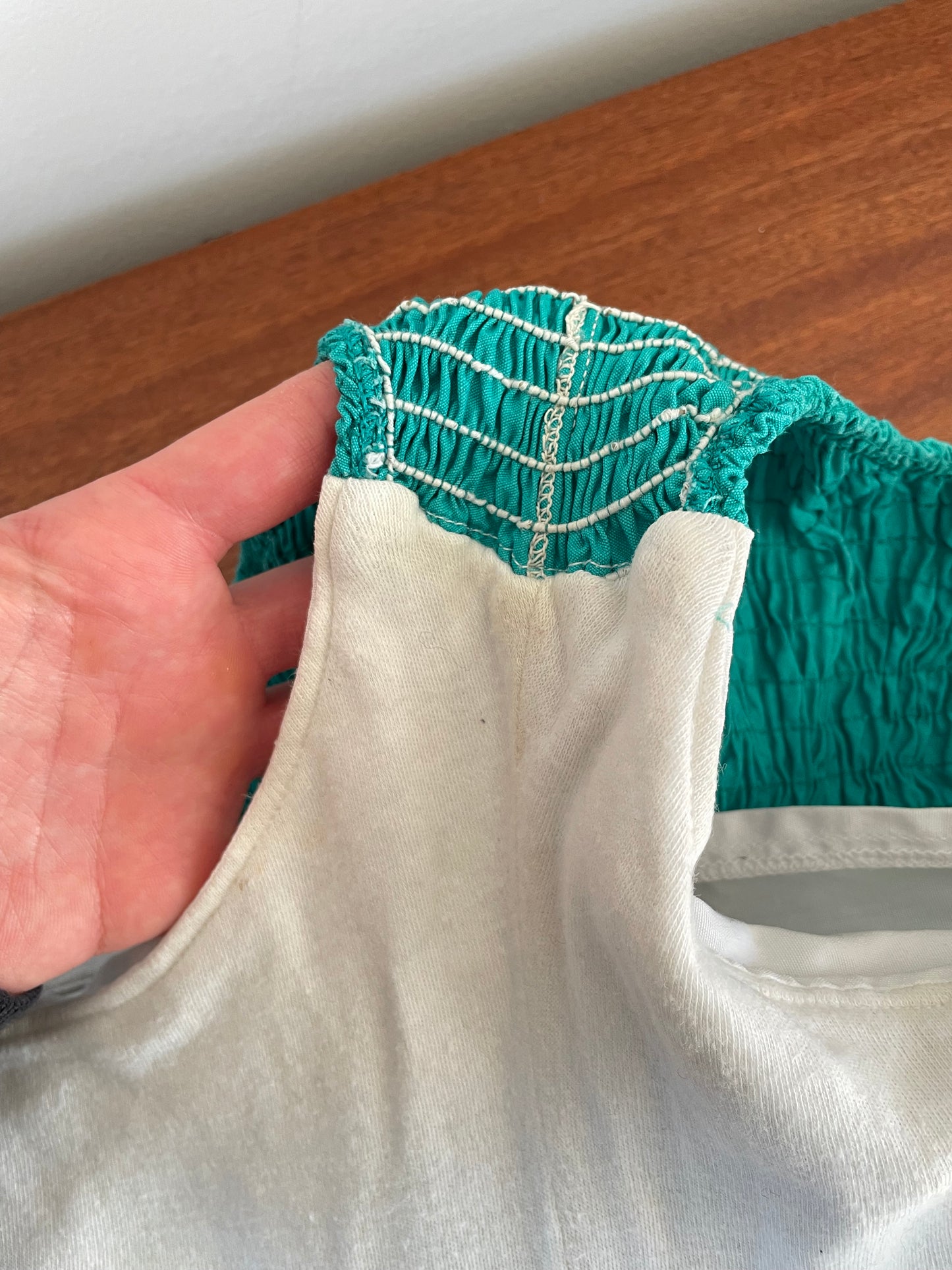 1950s pinup bathing suit - white and turquoise green Cole of California strapless one piece swimsuit