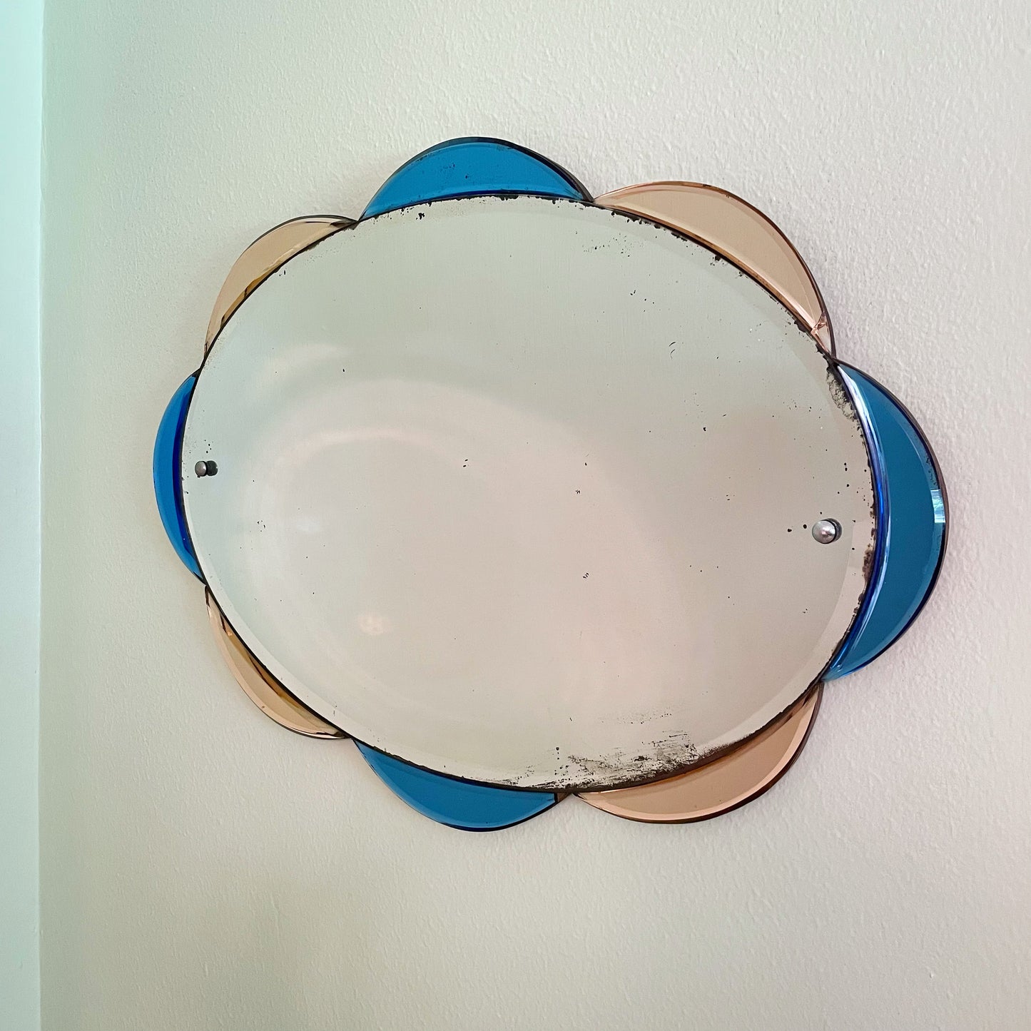 Rare Art Deco mirror with pink and blue scalloped edges - frameless antique mirror