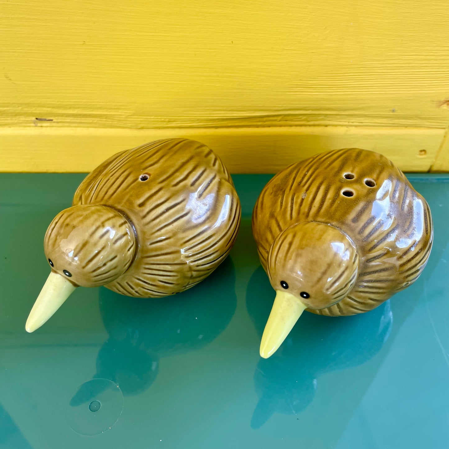 Cute little pair of New Zealand Kiwi sat and pepper shakers - vintage kitchy collectible salt and pepper shakers