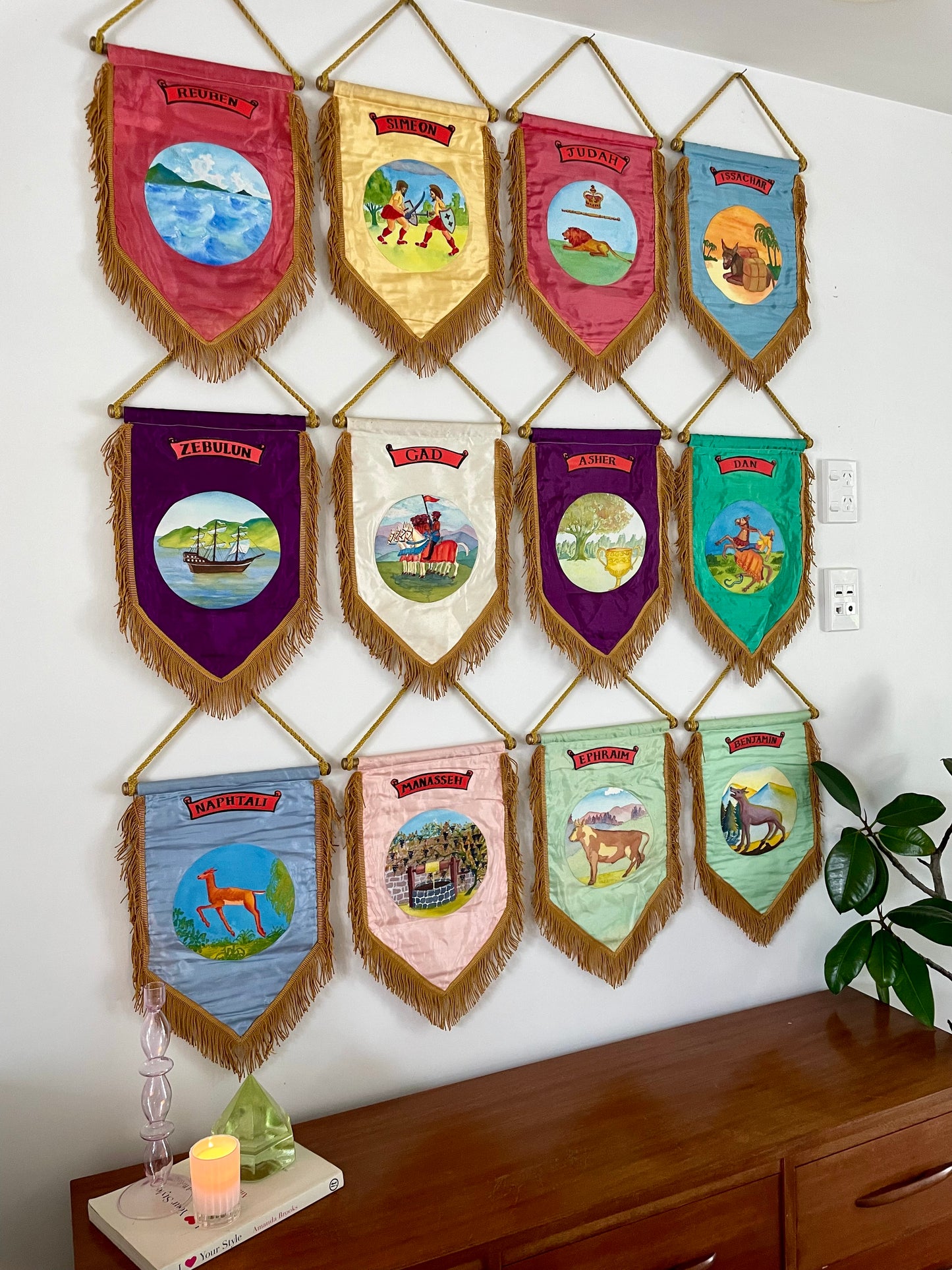 Antique Masonic banners of the 12 Tribes of Israel - Royal Arch Free Mason / Oddfellows / IOOF silk hand painted hanging