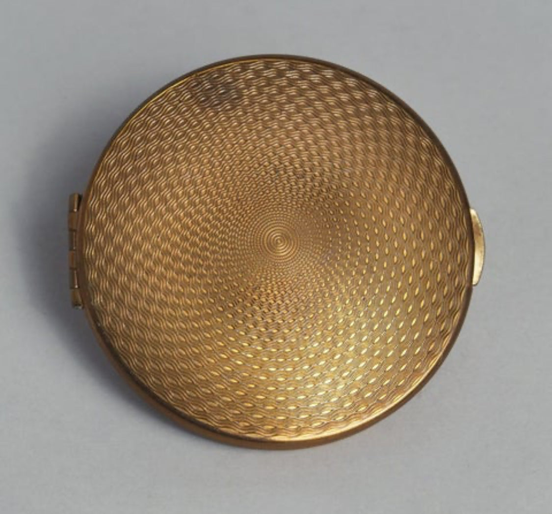 Antique brass compact mirror engraved with kiwi and map of New Zealand - souvenir makeup powder compact