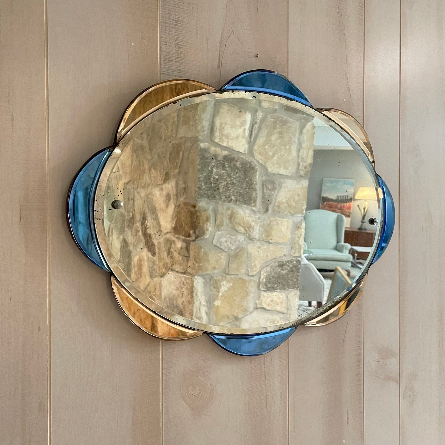 Rare Art Deco mirror with pink and blue scalloped edges - frameless antique mirror