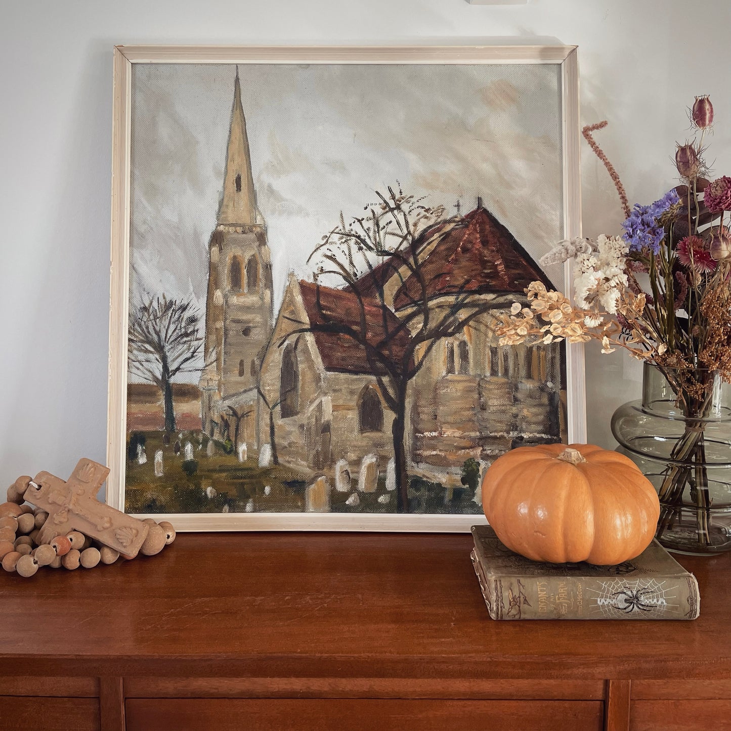 Spooky Hollow - Vintage artwork of church graveyard in autumn