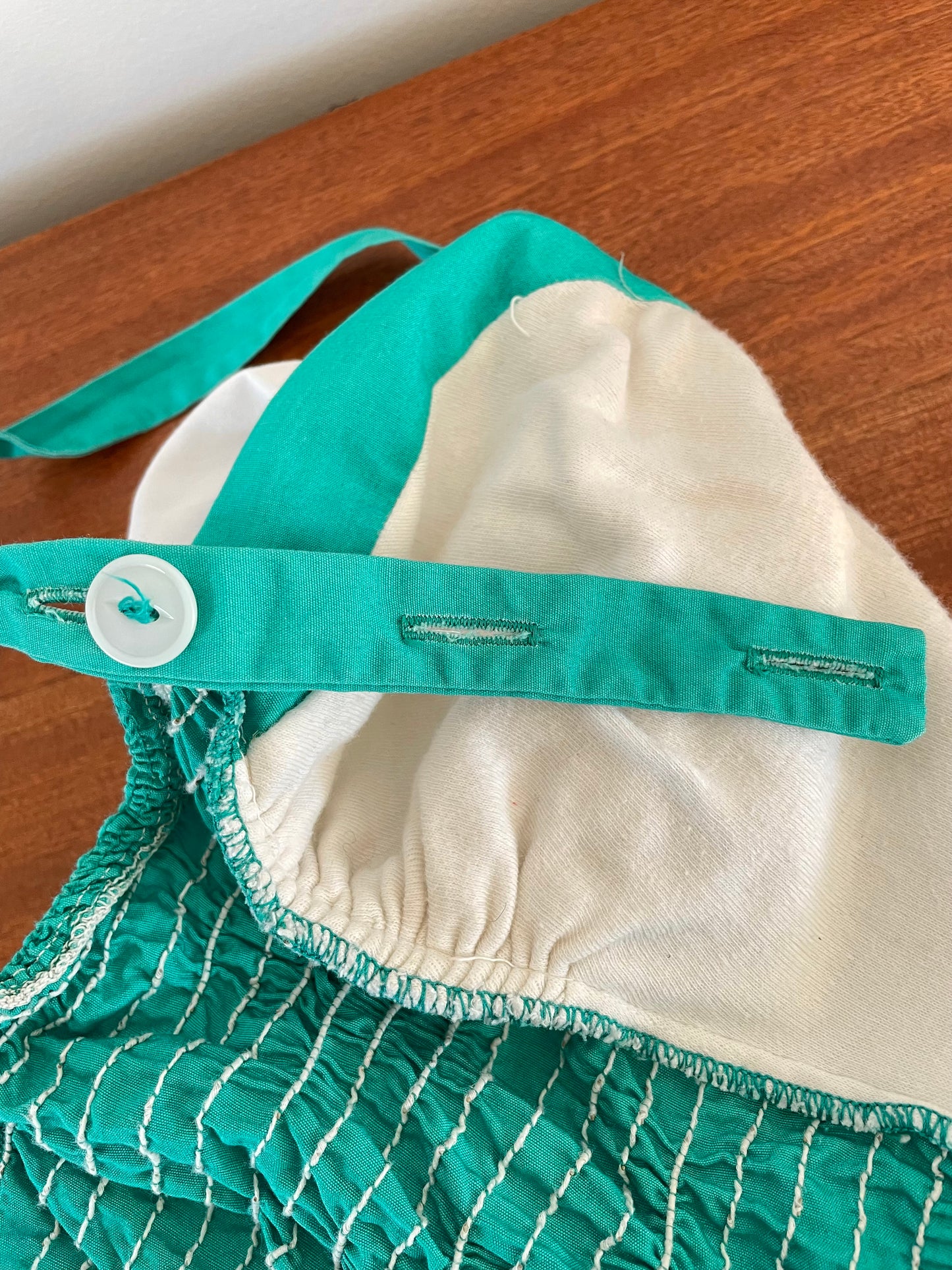 1950s pinup bathing suit - white and turquoise green Cole of California strapless one piece swimsuit