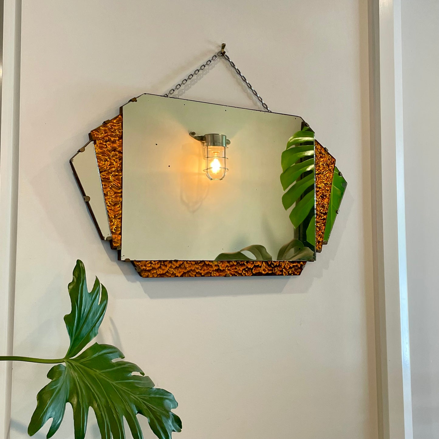 Lava Mirror - Authentic Art Deco mirror with orange sparkly glass panels - 1930’s frameless geometric mirror