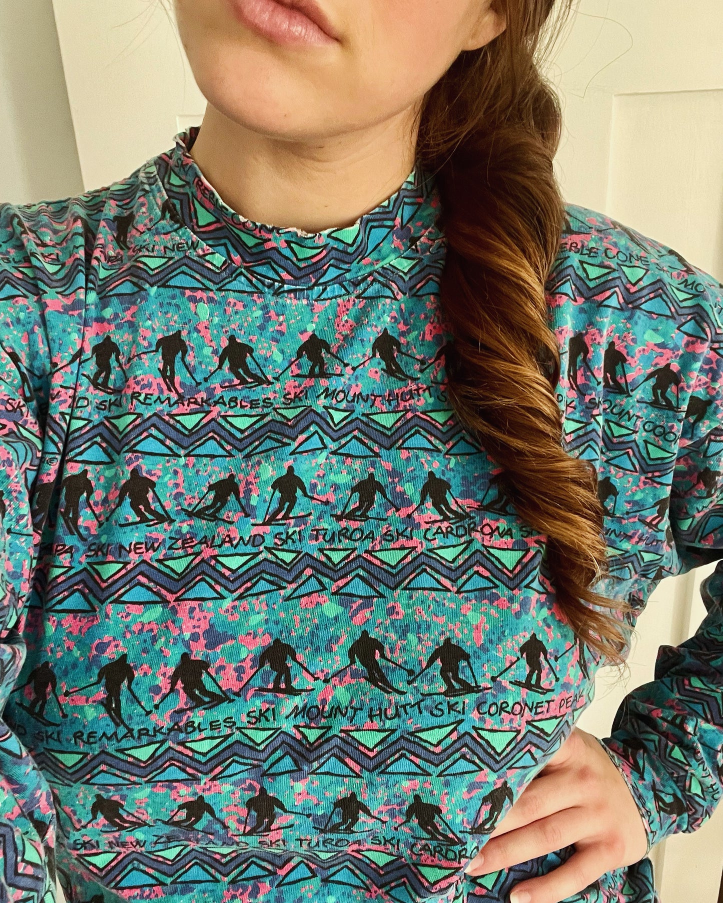 T&Ski originals long sleeve mockneck cotton shirt - New Zealand 90s neon ski print shirt