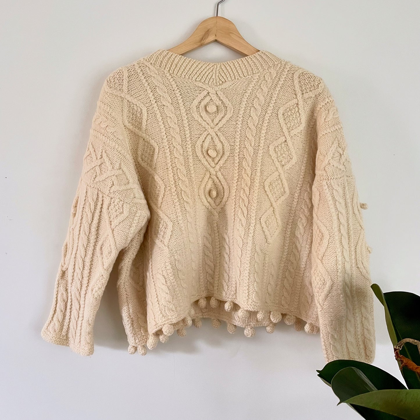 Vintage Roberta Freymann for Bergdorf Goodman handknit wool sweater - cable knit fisherman jumper with pompom details