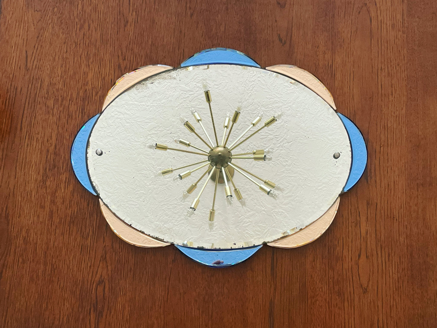 Rare Art Deco mirror with pink and blue scalloped edges - frameless antique mirror