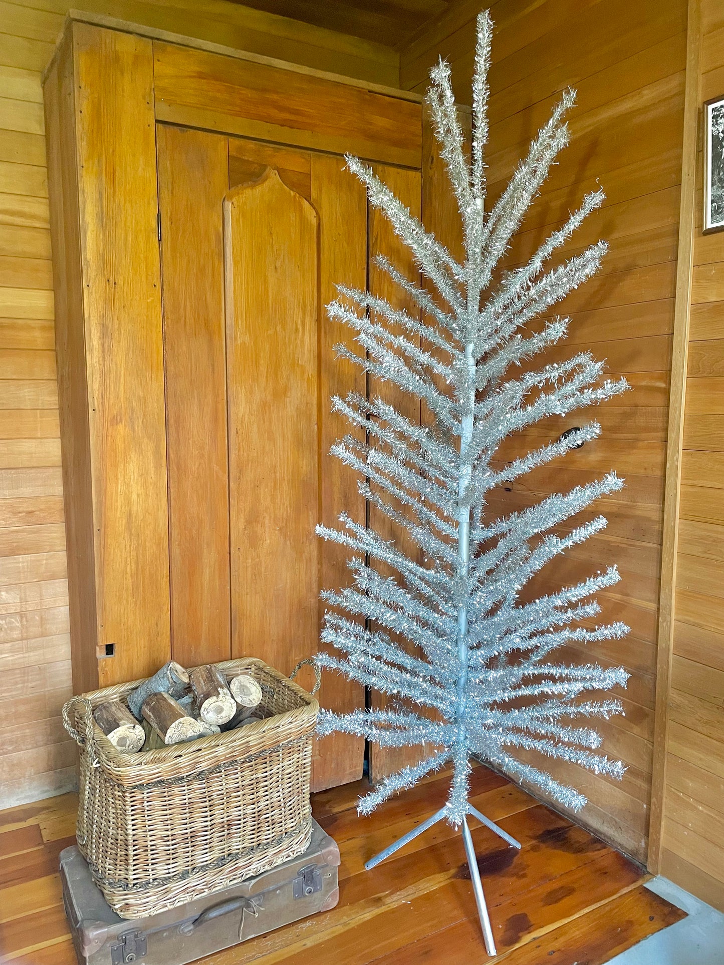 7 foot Vintage silver Christmas tree - midcentury modern stainless tinsel xmas tree