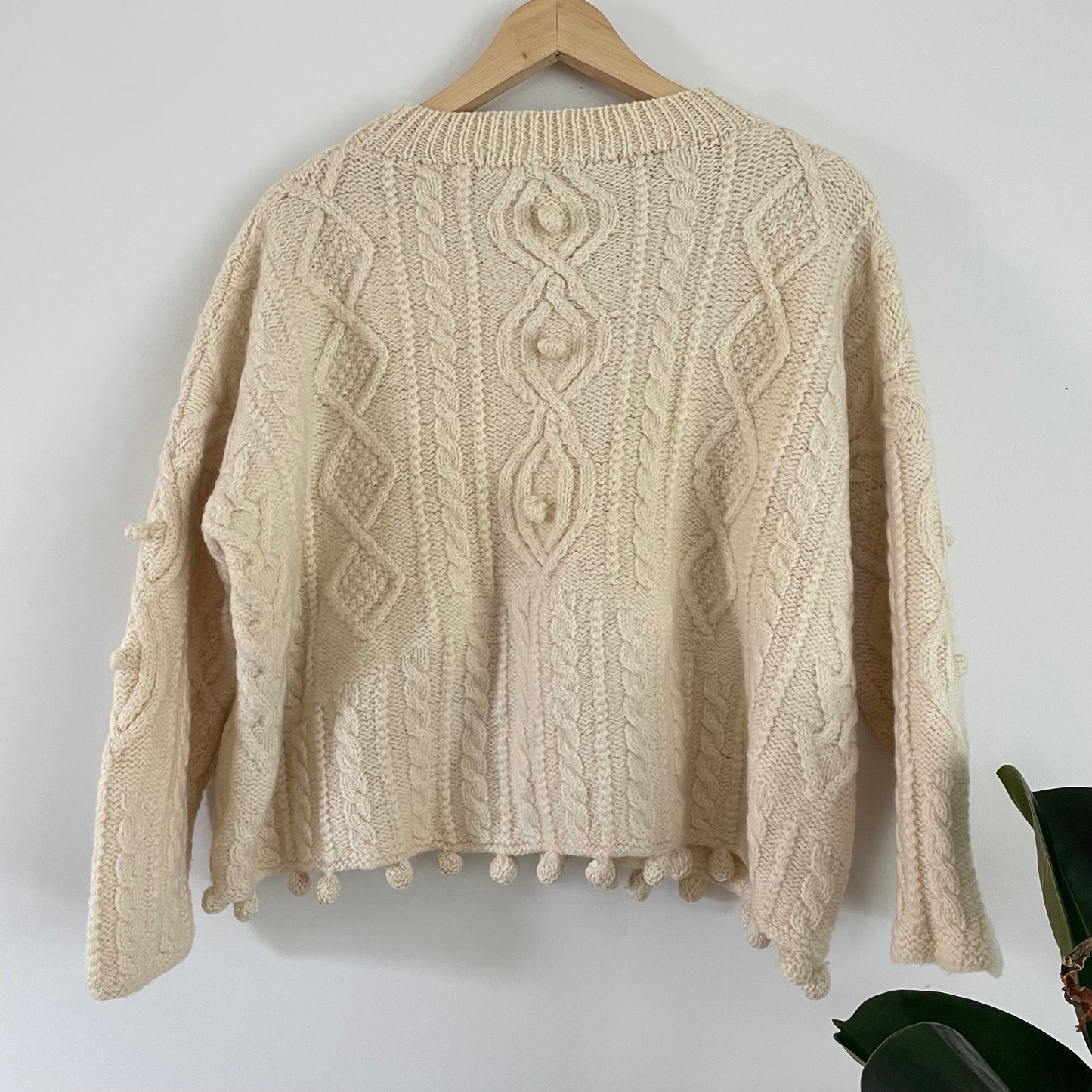 Vintage Roberta Freymann for Bergdorf Goodman handknit wool sweater - cable knit fisherman jumper with pompom details