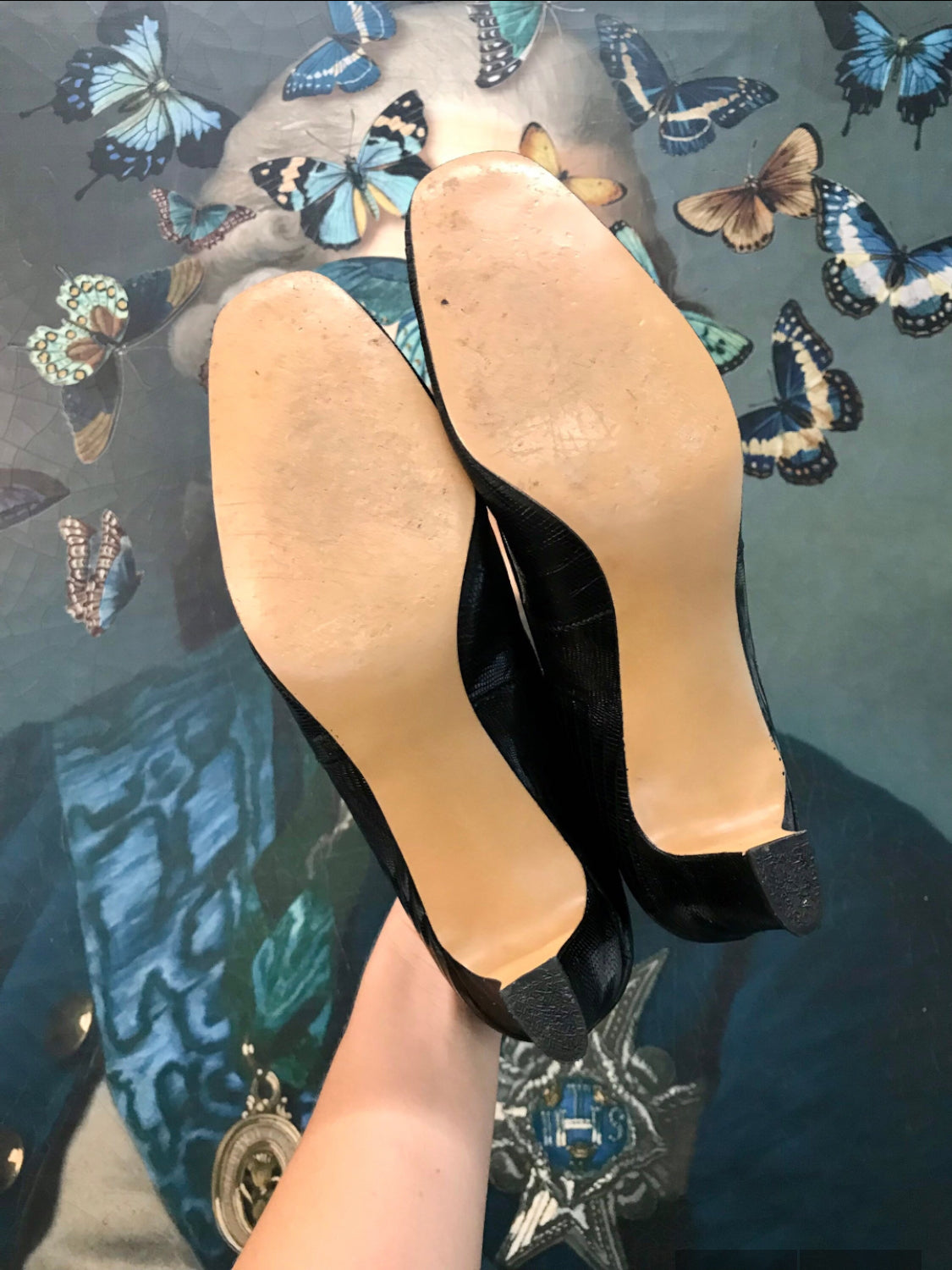 Size 7.5 / 8 - vintage black leather square toe heels with snakeskin embossing