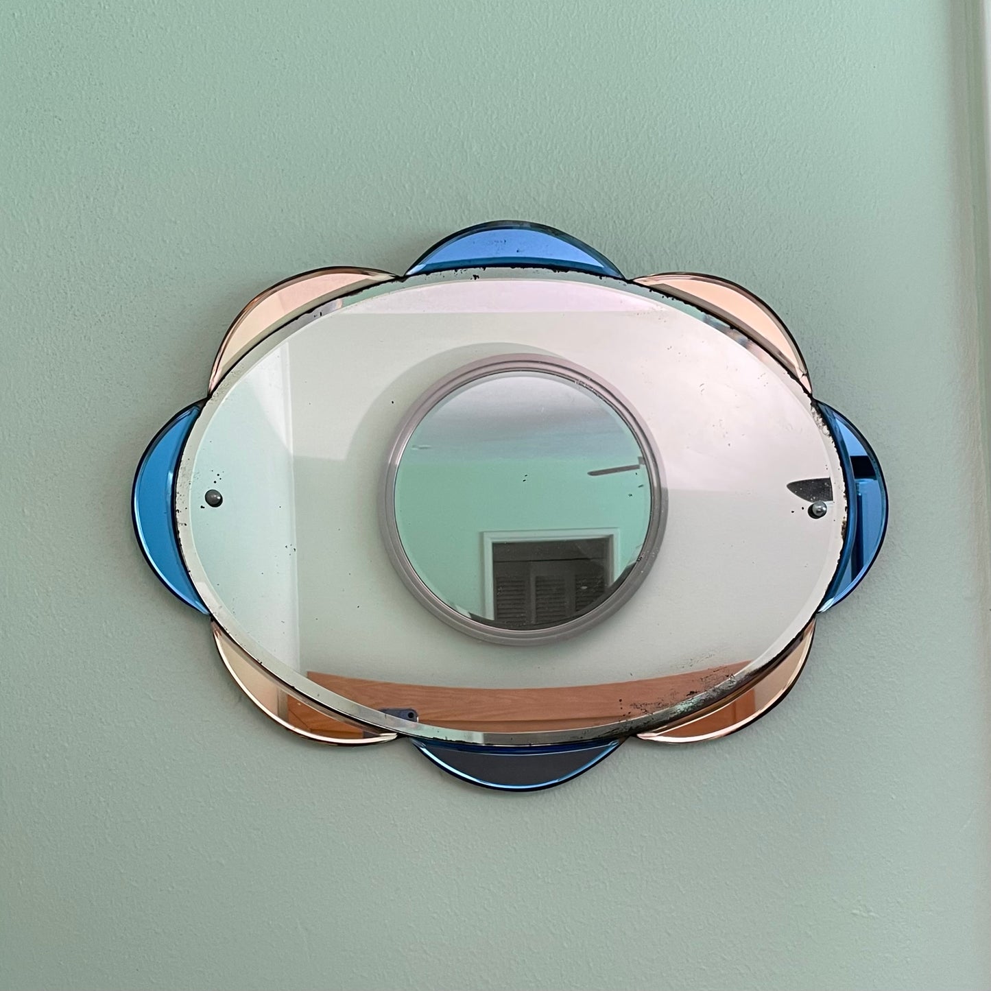 Rare Art Deco mirror with pink and blue scalloped edges - frameless antique mirror