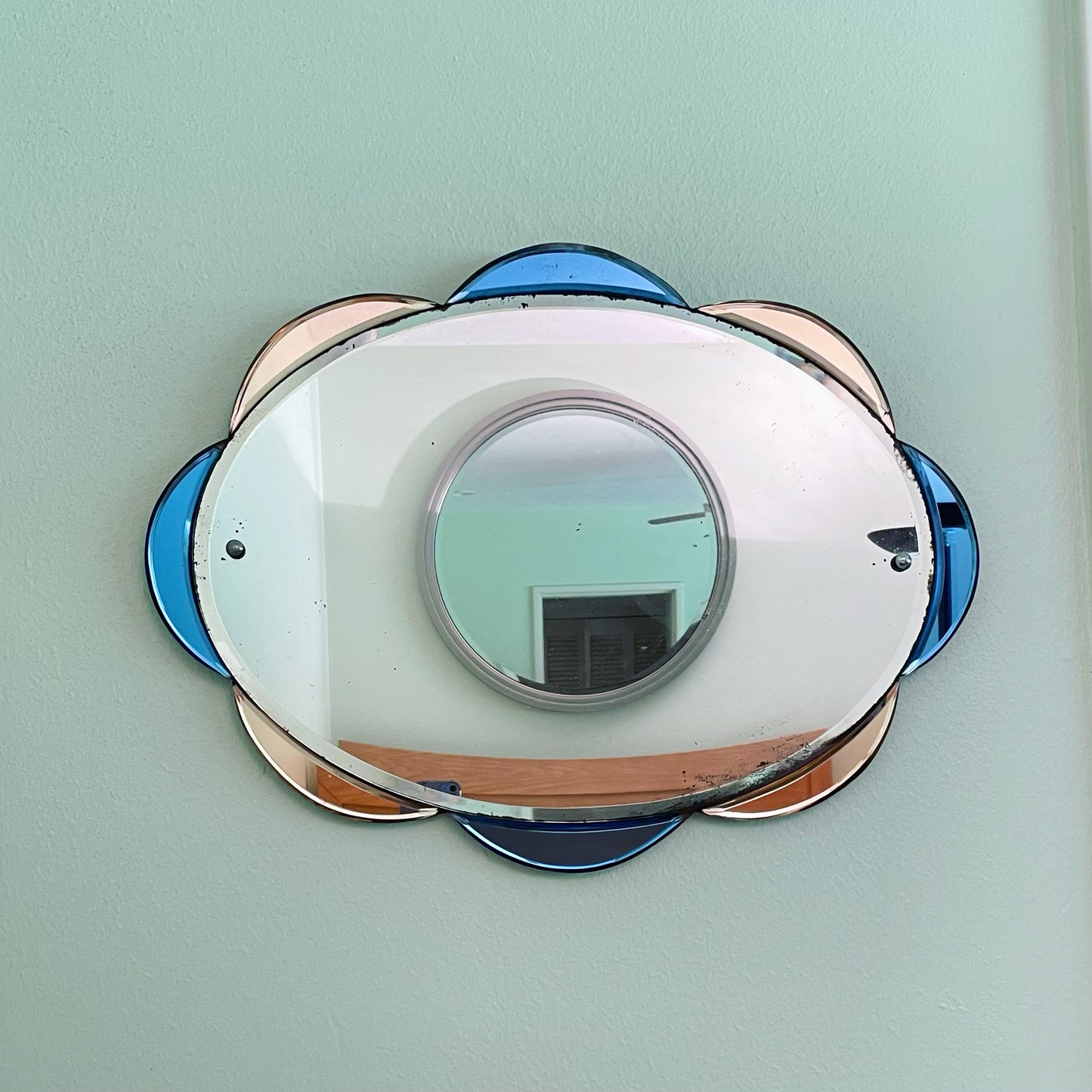 Rare Art Deco mirror with pink and blue scalloped edges - frameless antique mirror