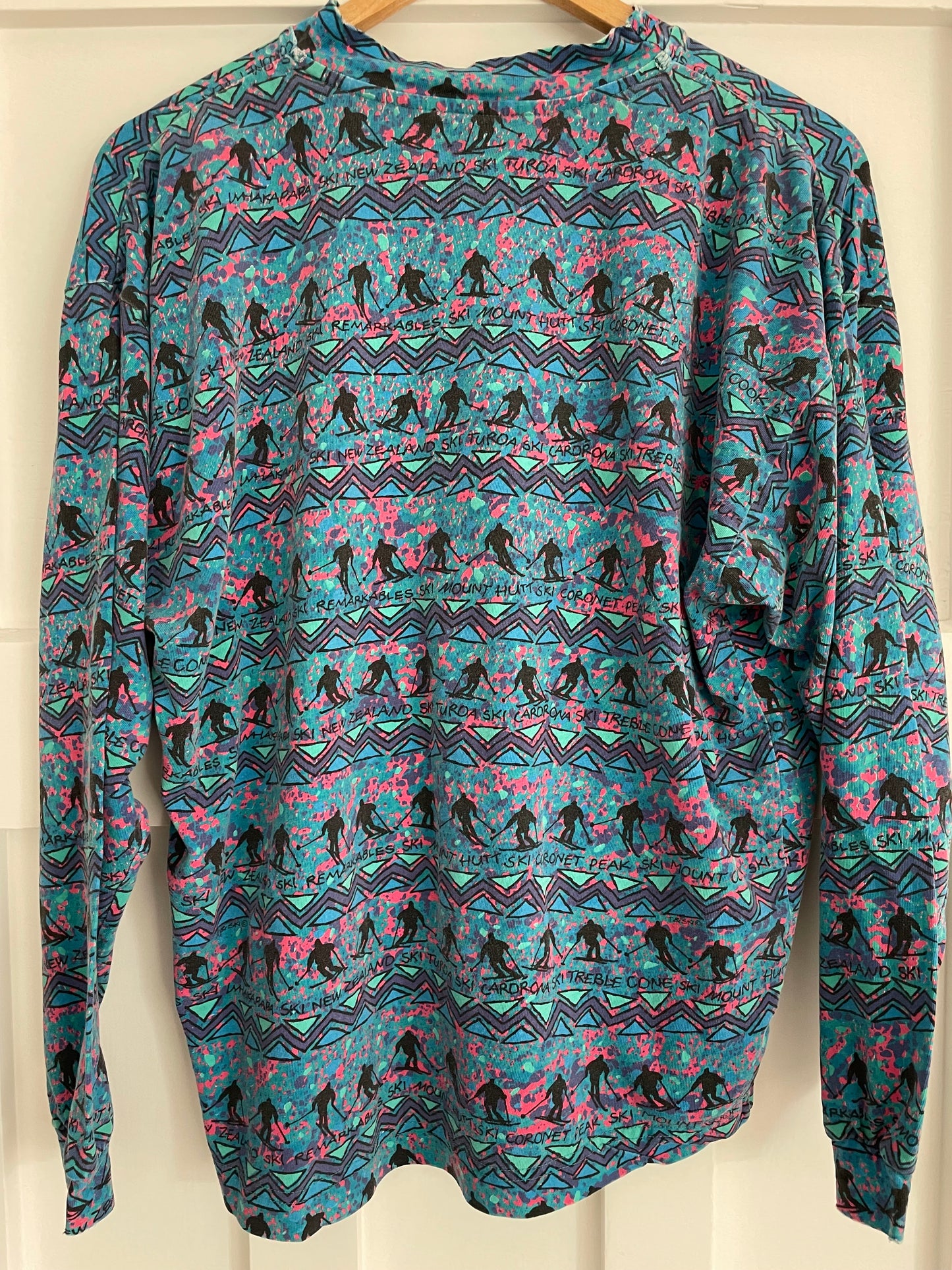 T&Ski originals long sleeve mockneck cotton shirt - New Zealand 90s neon ski print shirt