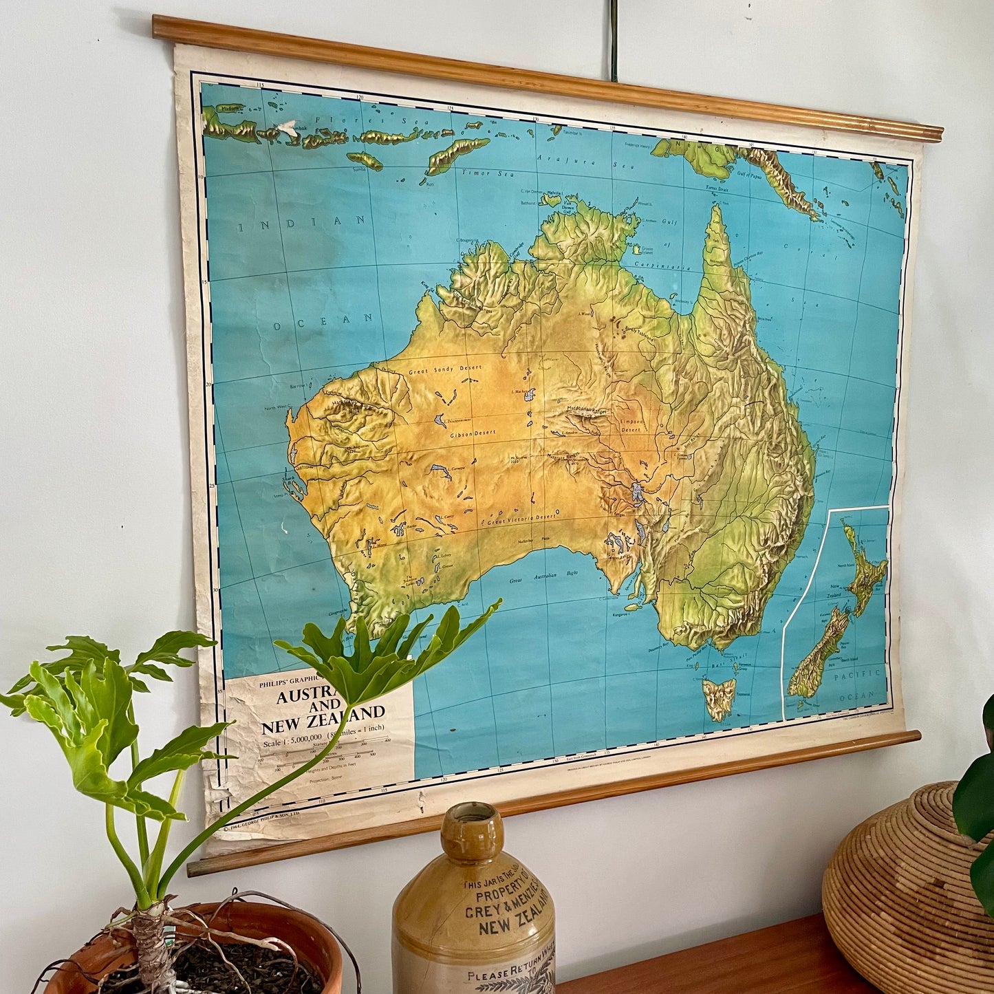 Authentic 1964 vintage map of Australia and New Zealand - large canvas pull down chart