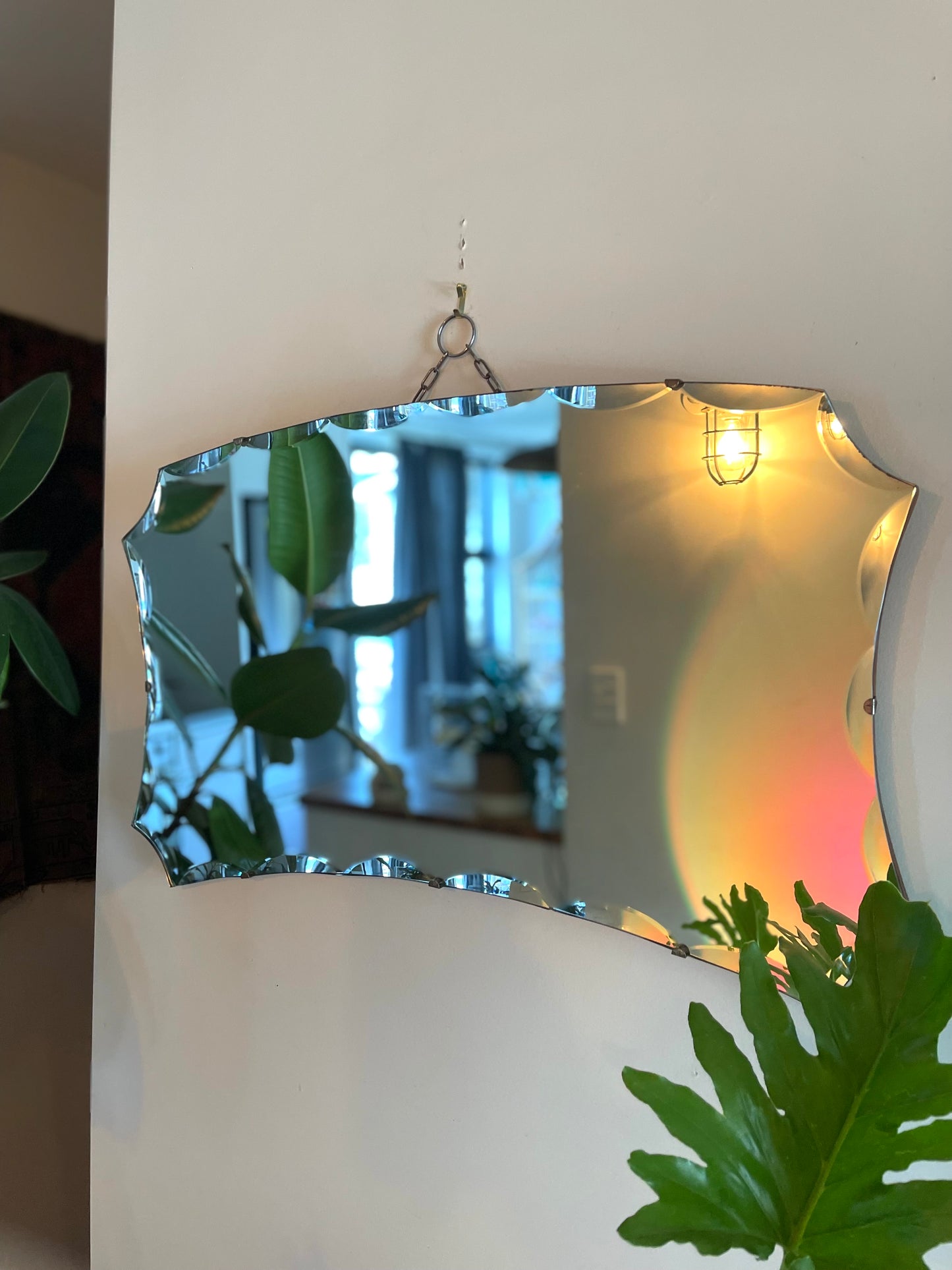 Large antique Art Deco mirror with decorative scalloped beveles