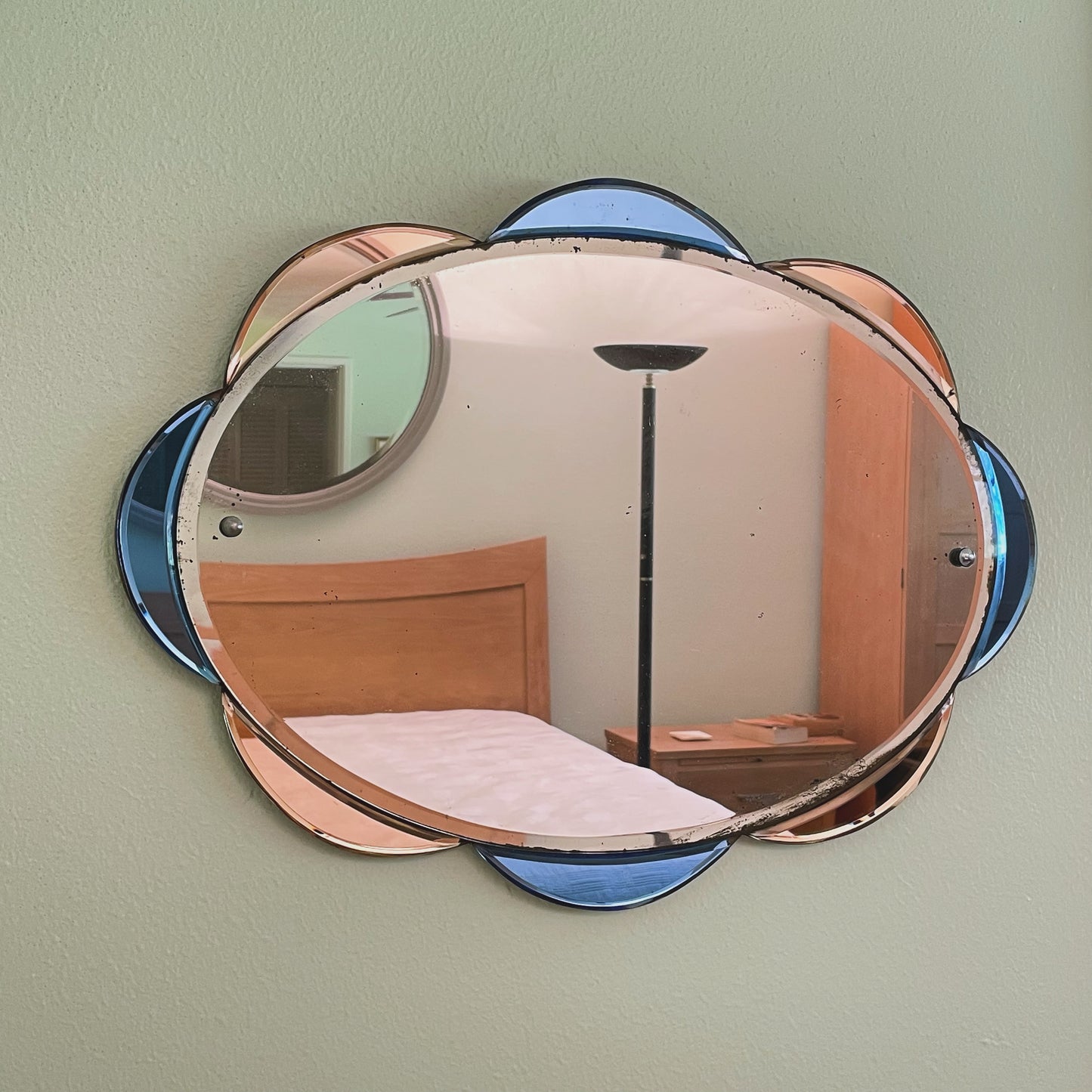 Rare Art Deco mirror with pink and blue scalloped edges - frameless antique mirror