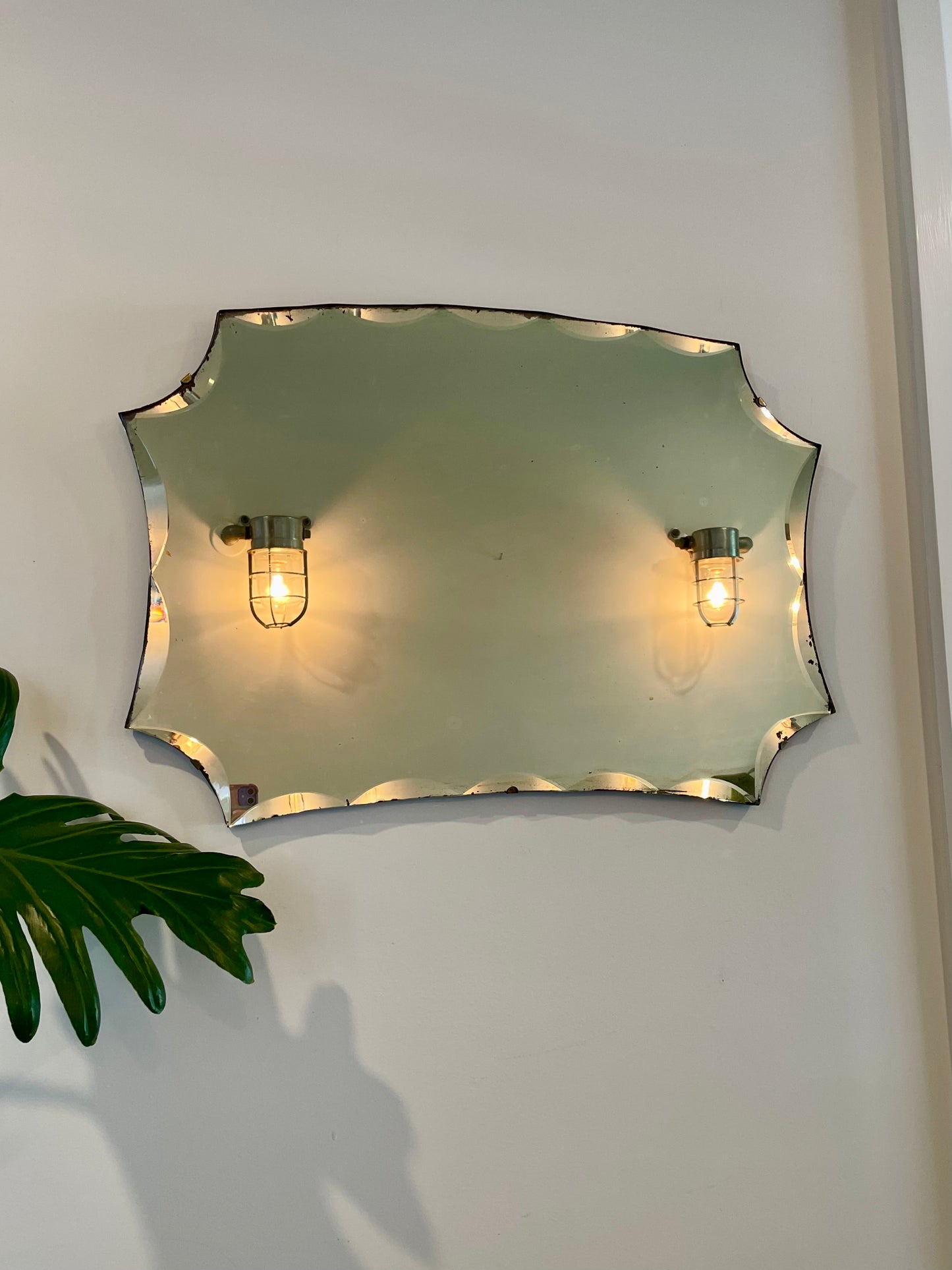 Scalloped Art Deco Mirror - 23.5 inch wide antique frameless mirror