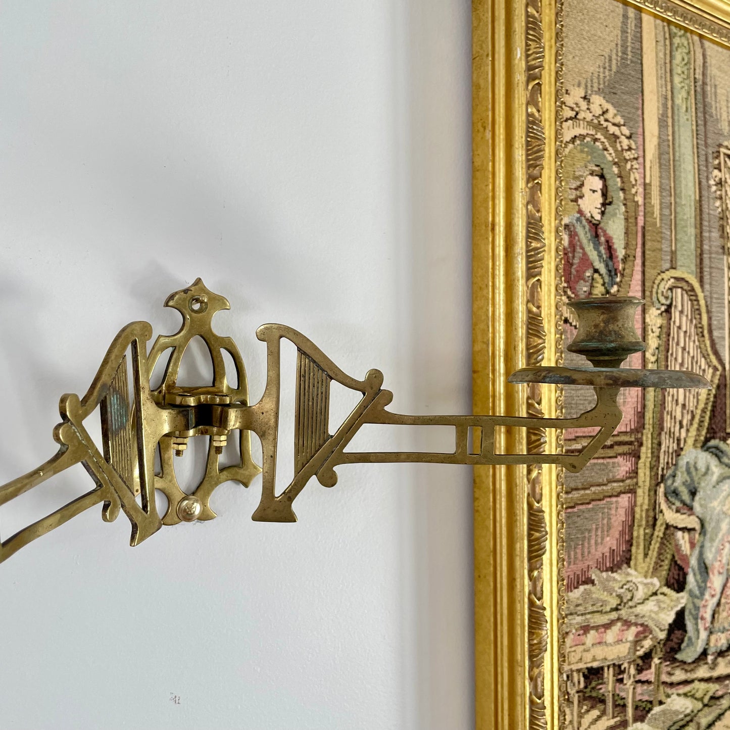 Pair of double arm antique harp sconces / Pianoforte brass candle holders