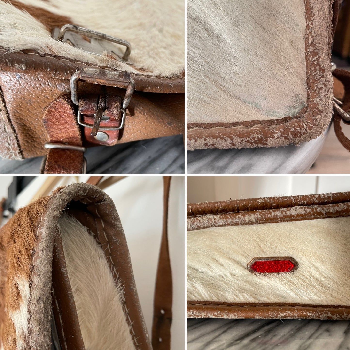 Vintage cowhide backpack - hair-on-hide leather messenger bag from New Zealand