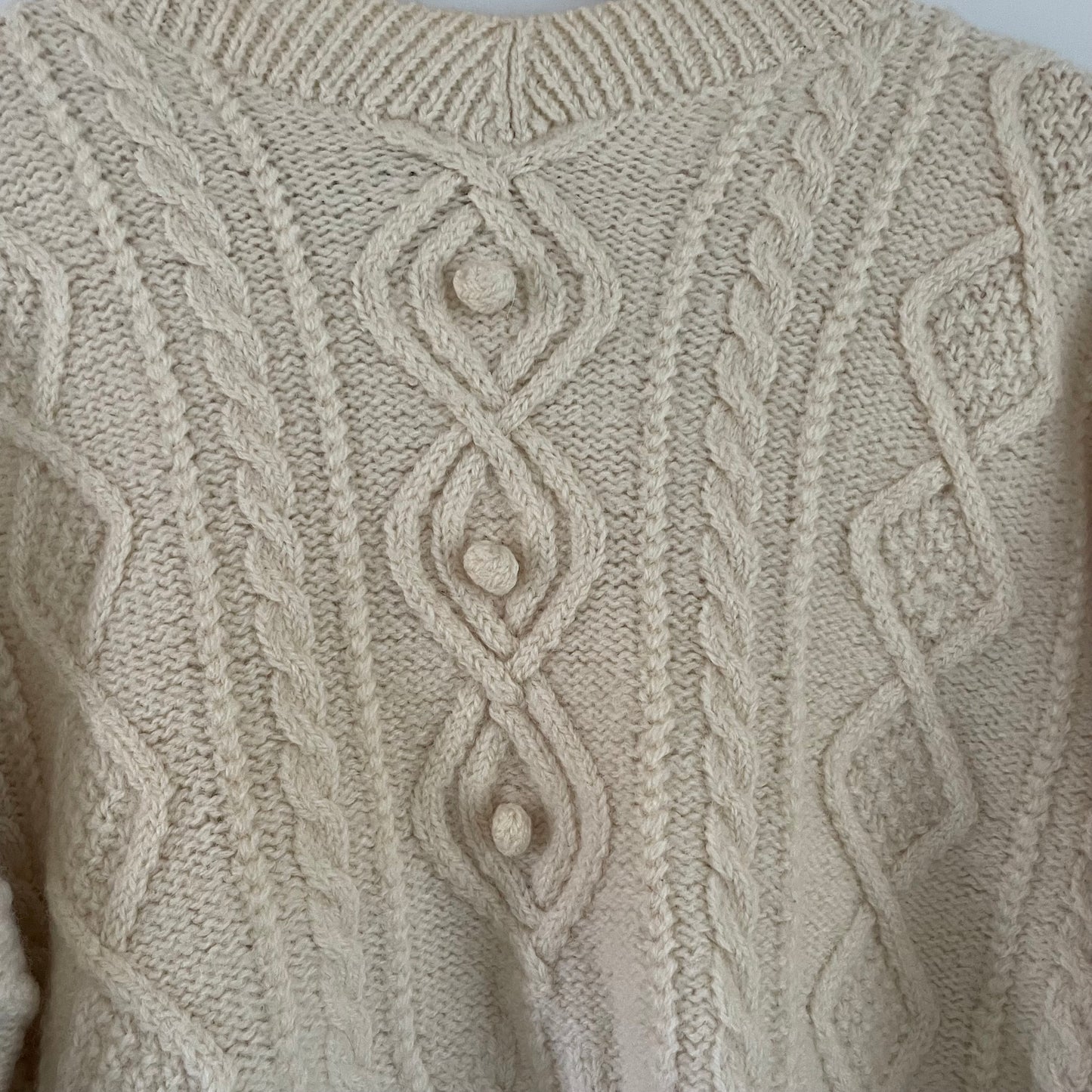 Vintage Roberta Freymann for Bergdorf Goodman handknit wool sweater - cable knit fisherman jumper with pompom details
