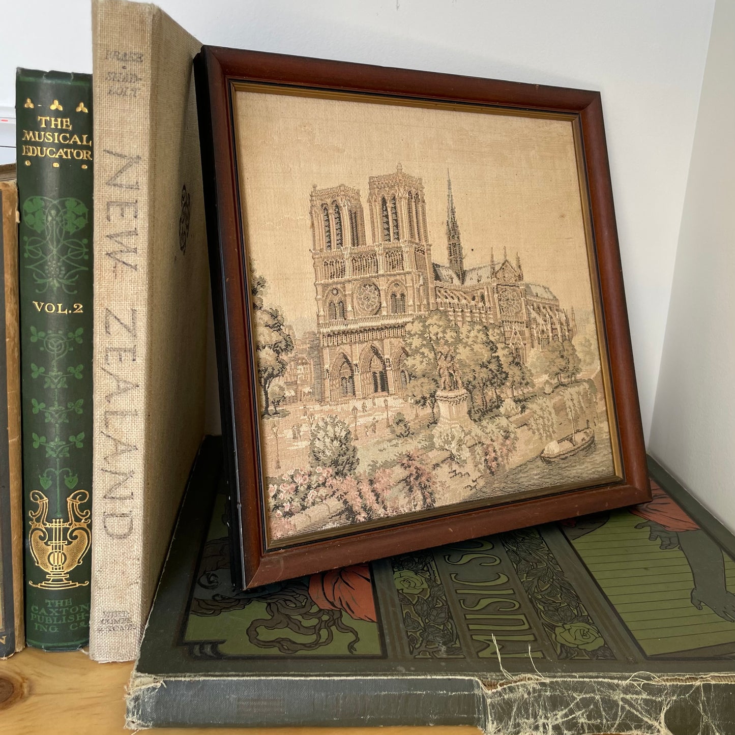 Vintage needlepoint artwork of Notre Dame Cathedral in Paris