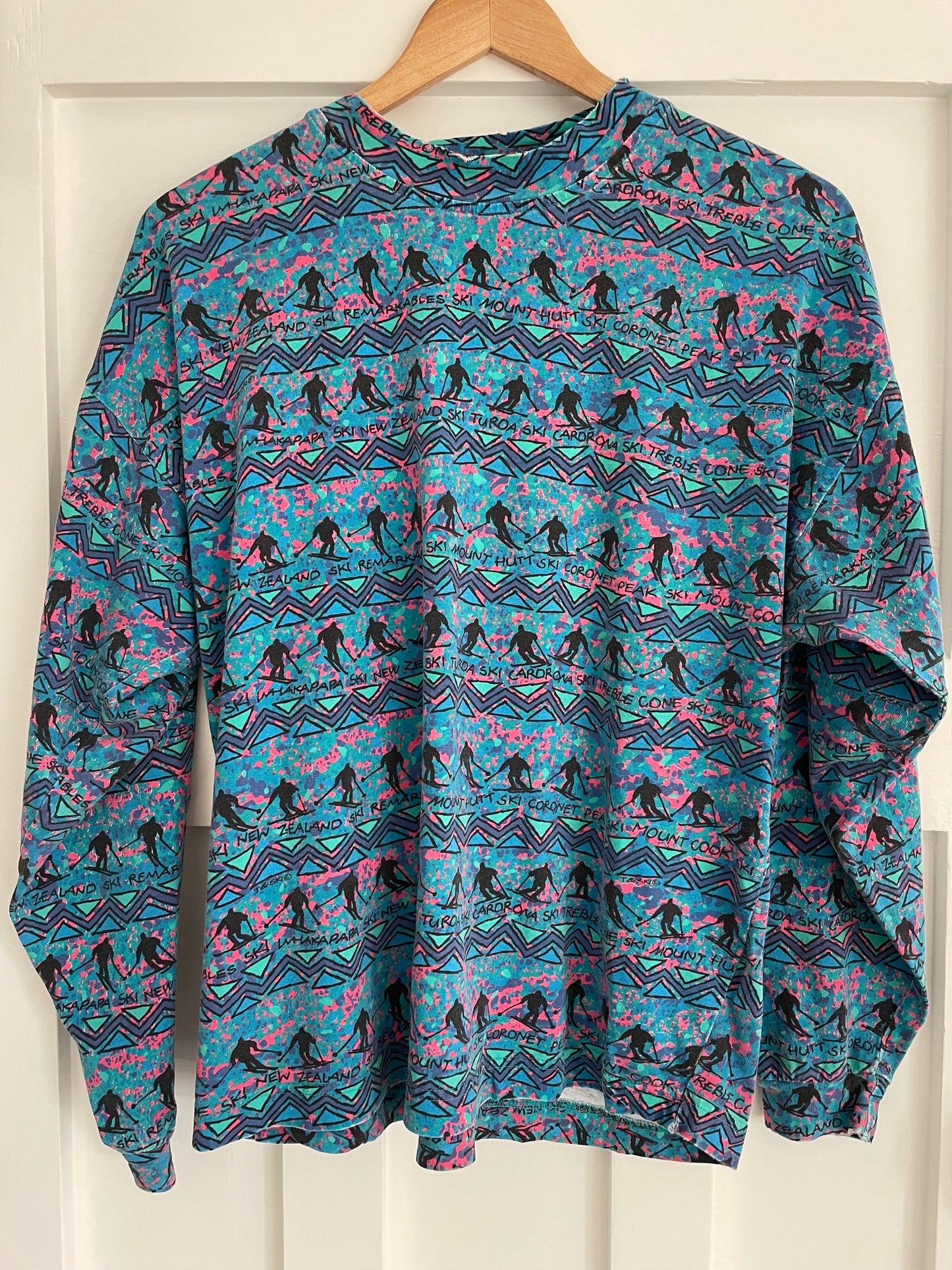 T&Ski originals long sleeve mockneck cotton shirt - New Zealand 90s neon ski print shirt