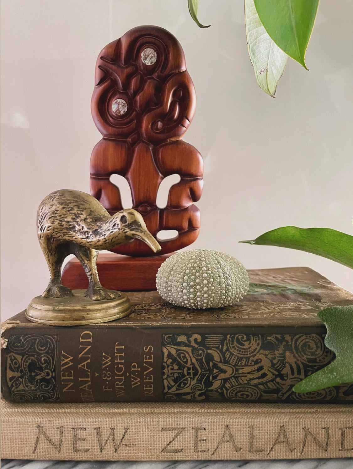 Vintage hand carved Maori Tiki statue with paua shell eyes - made in Rotorua Aotearoa New Zealand