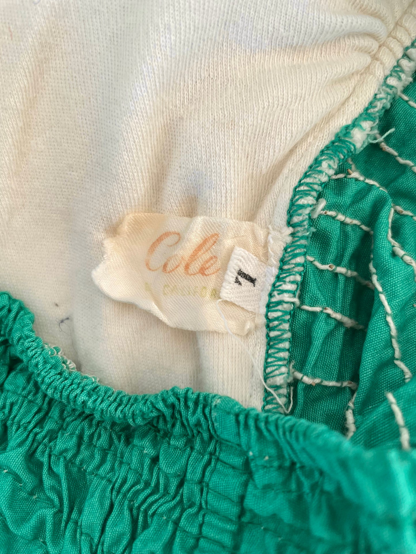 1950s pinup bathing suit - white and turquoise green Cole of California strapless one piece swimsuit