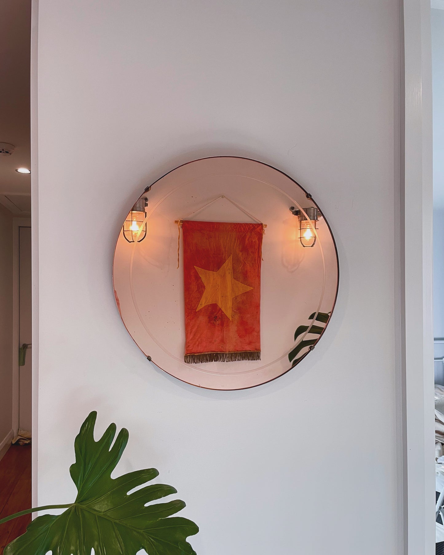 Strawberry moon mirror - Rose colored glass art deco mirror - retro pink tinted glass mirror