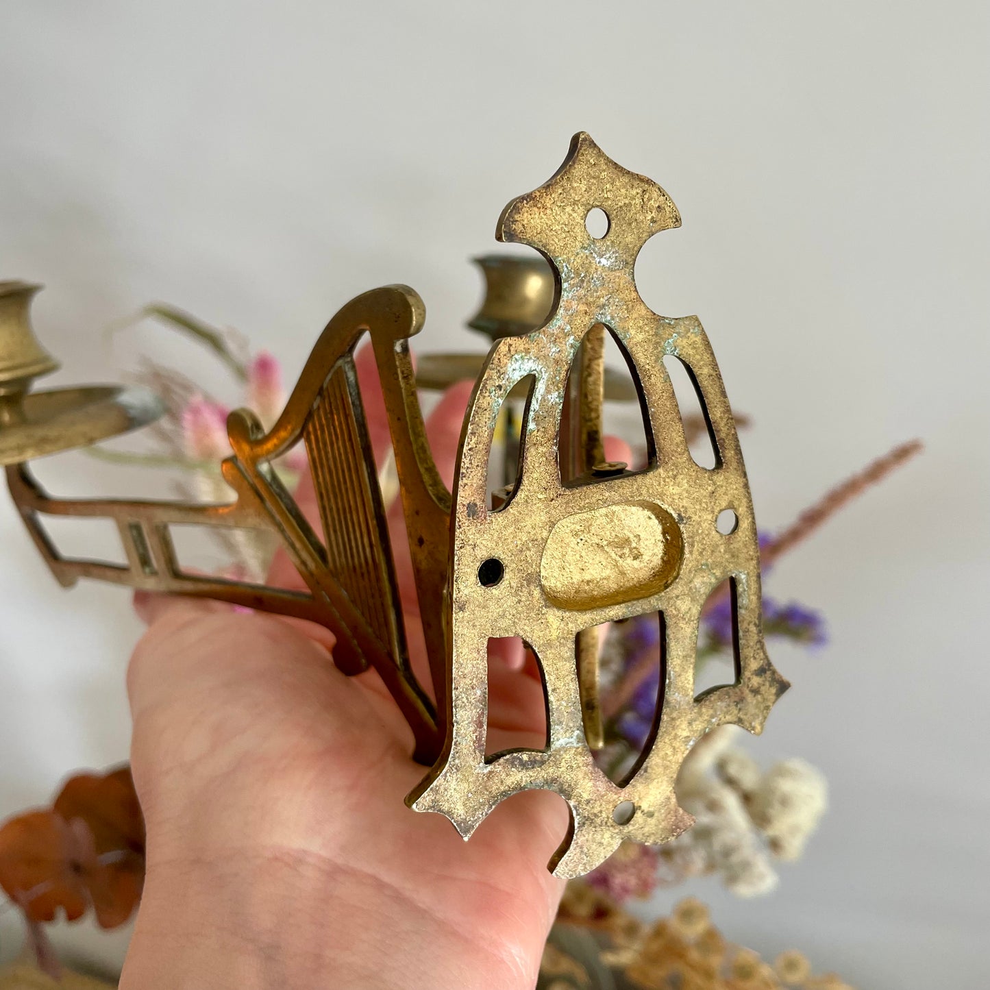 Pair of double arm antique harp sconces / Pianoforte brass candle holders