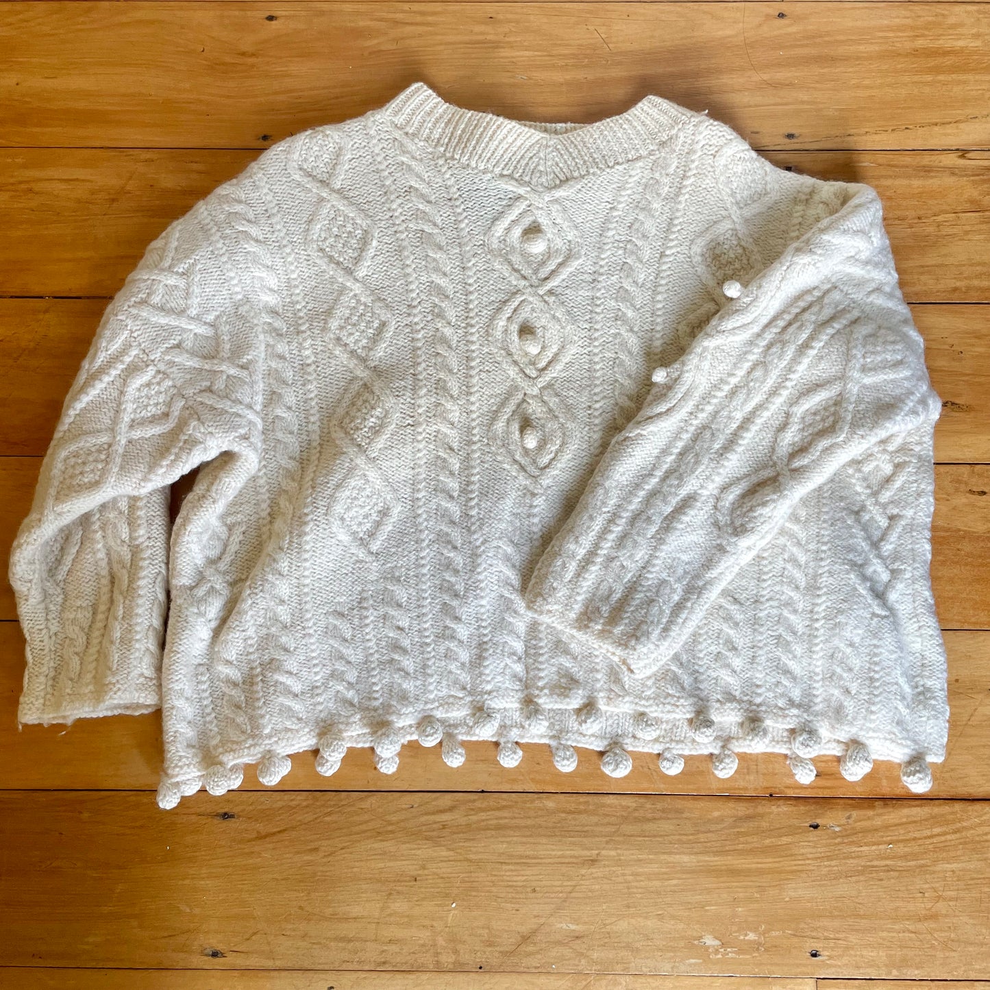 Vintage Roberta Freymann for Bergdorf Goodman handknit wool sweater - cable knit fisherman jumper with pompom details