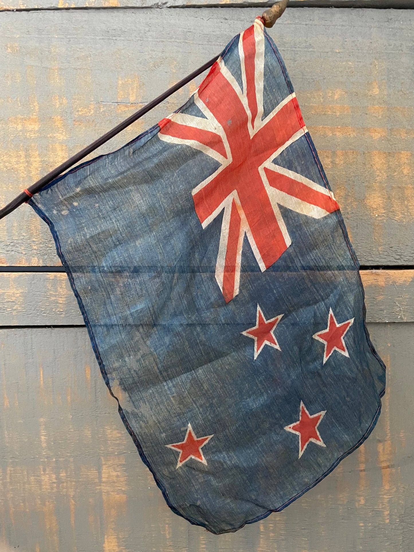 Antique silk parade flag of New Zealand, small ceremonial waving flag on stick