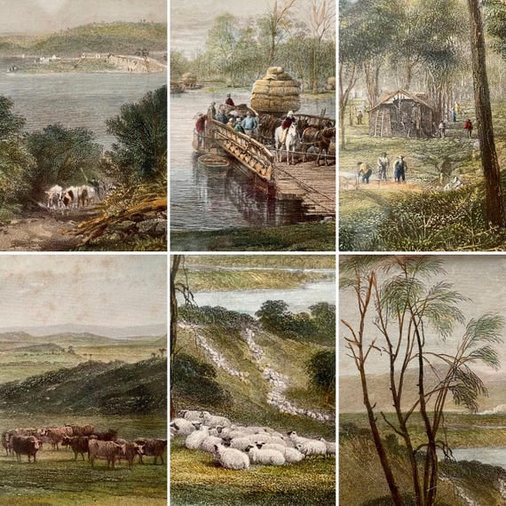 Rare set of 5 Australian paintings from 1874 - hand-coloured steel engravings by J S Prout - Australian Art series