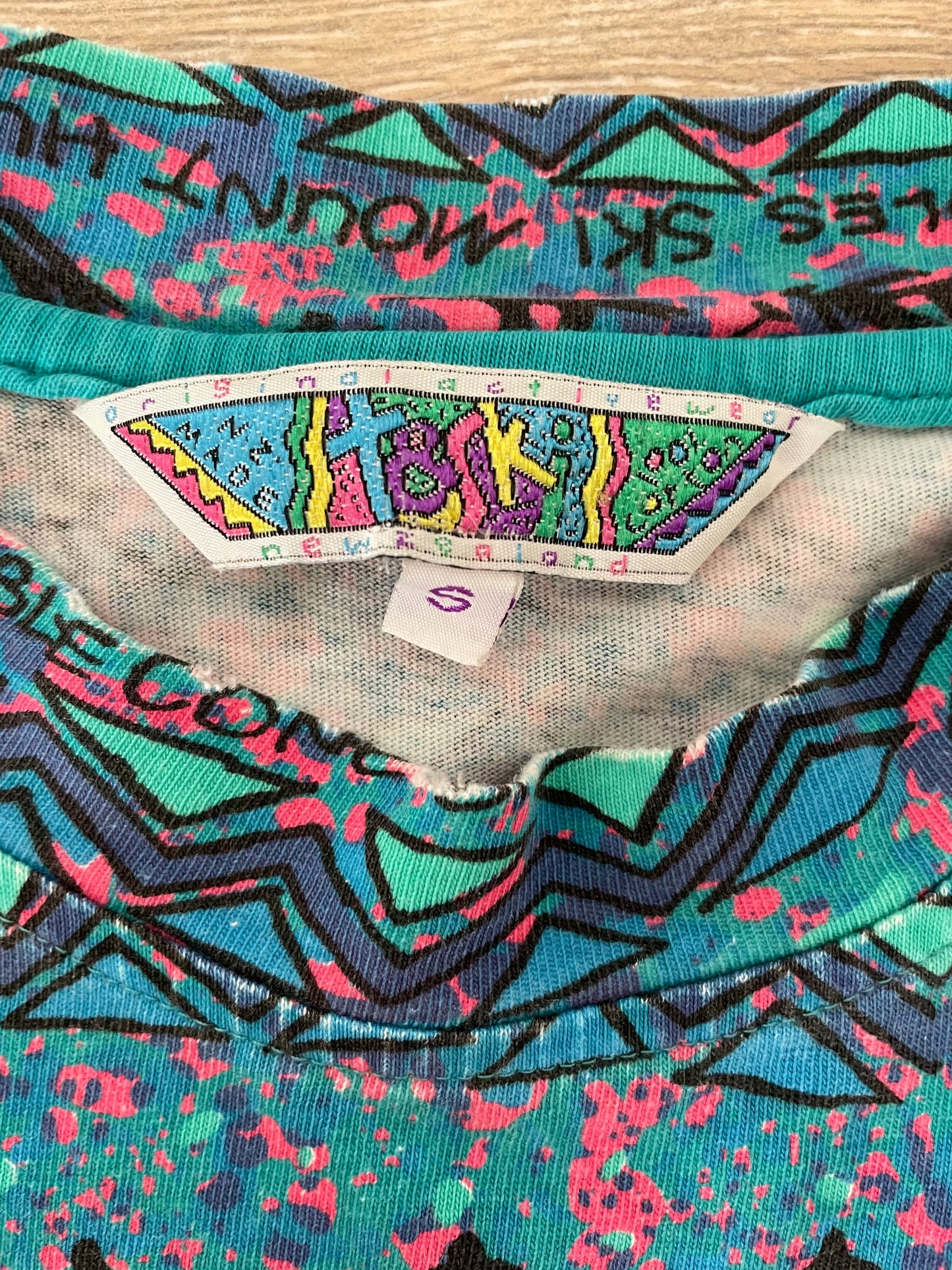T&Ski originals long sleeve mockneck cotton shirt - New Zealand 90s neon ski print shirt
