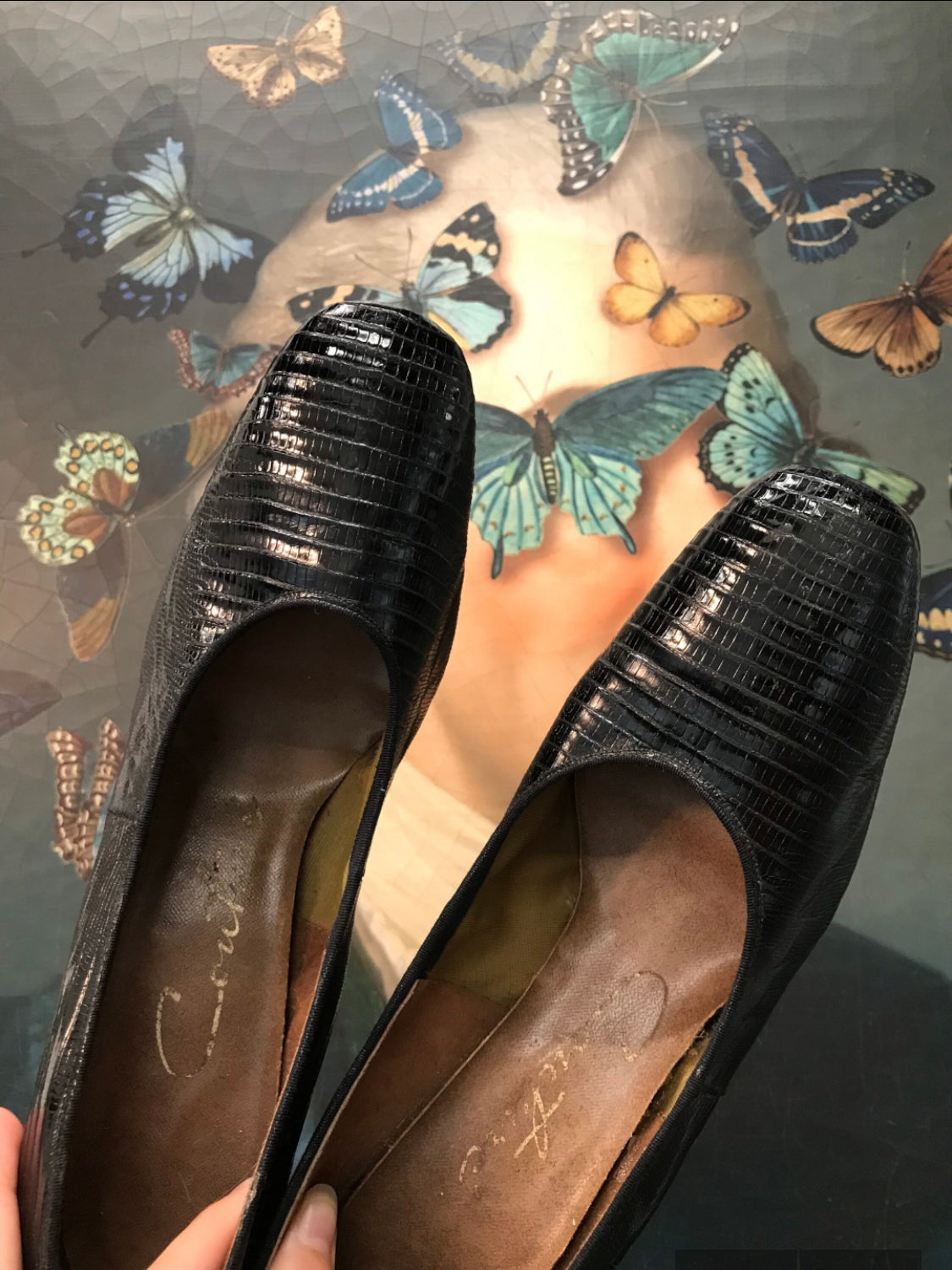 Size 7.5 / 8 - vintage black leather square toe heels with snakeskin embossing