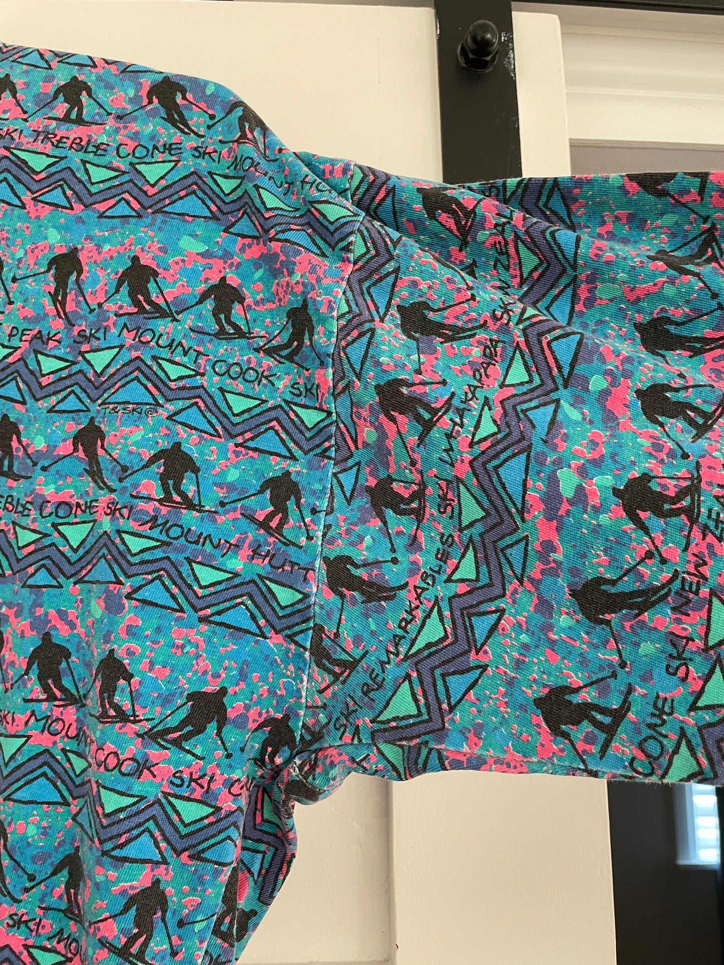 T&Ski originals long sleeve mockneck cotton shirt - New Zealand 90s neon ski print shirt