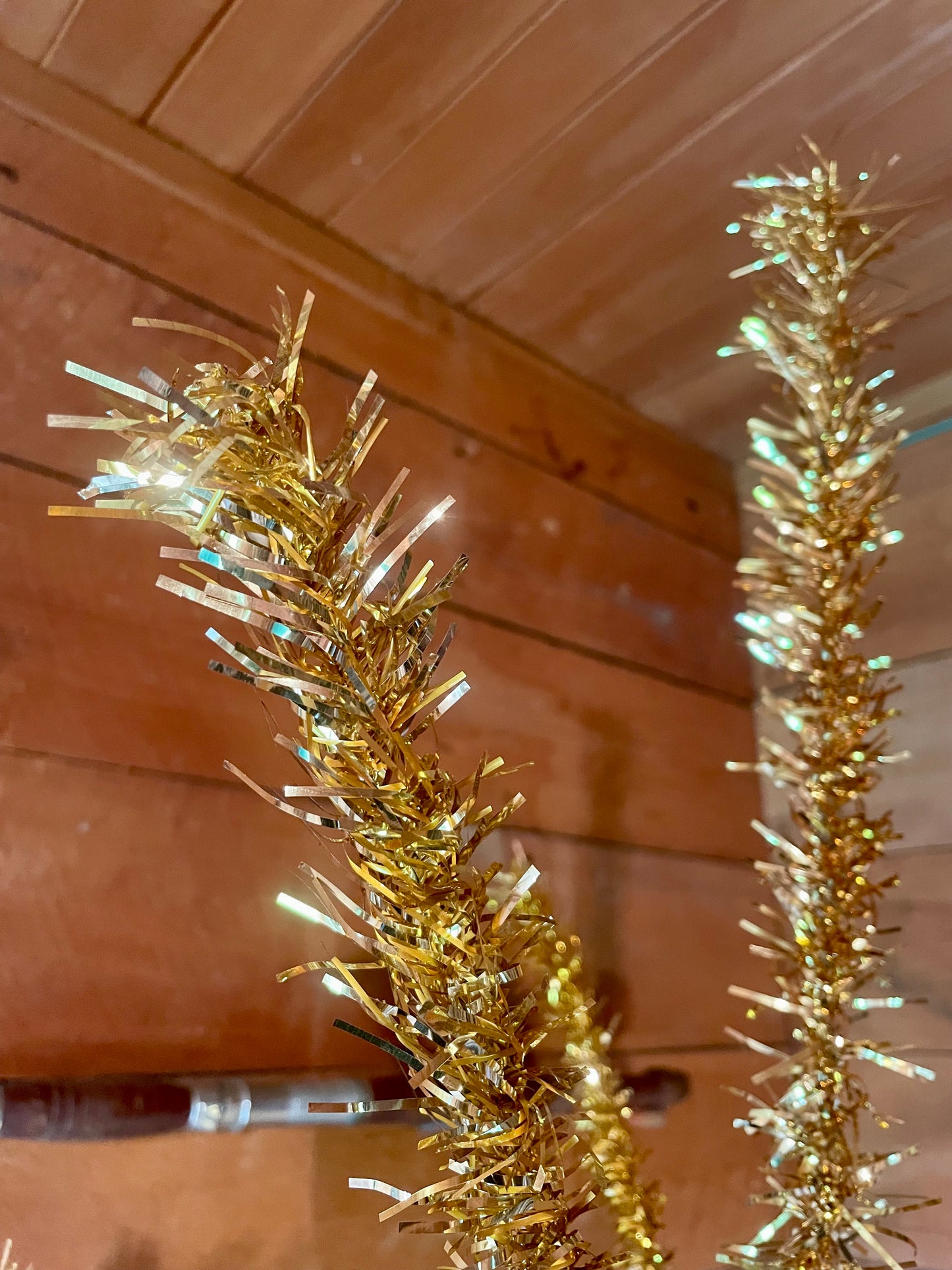 Rare 6’ Gold midcentury modern Christmas Tree - golden stainless tinsel Xmas tree